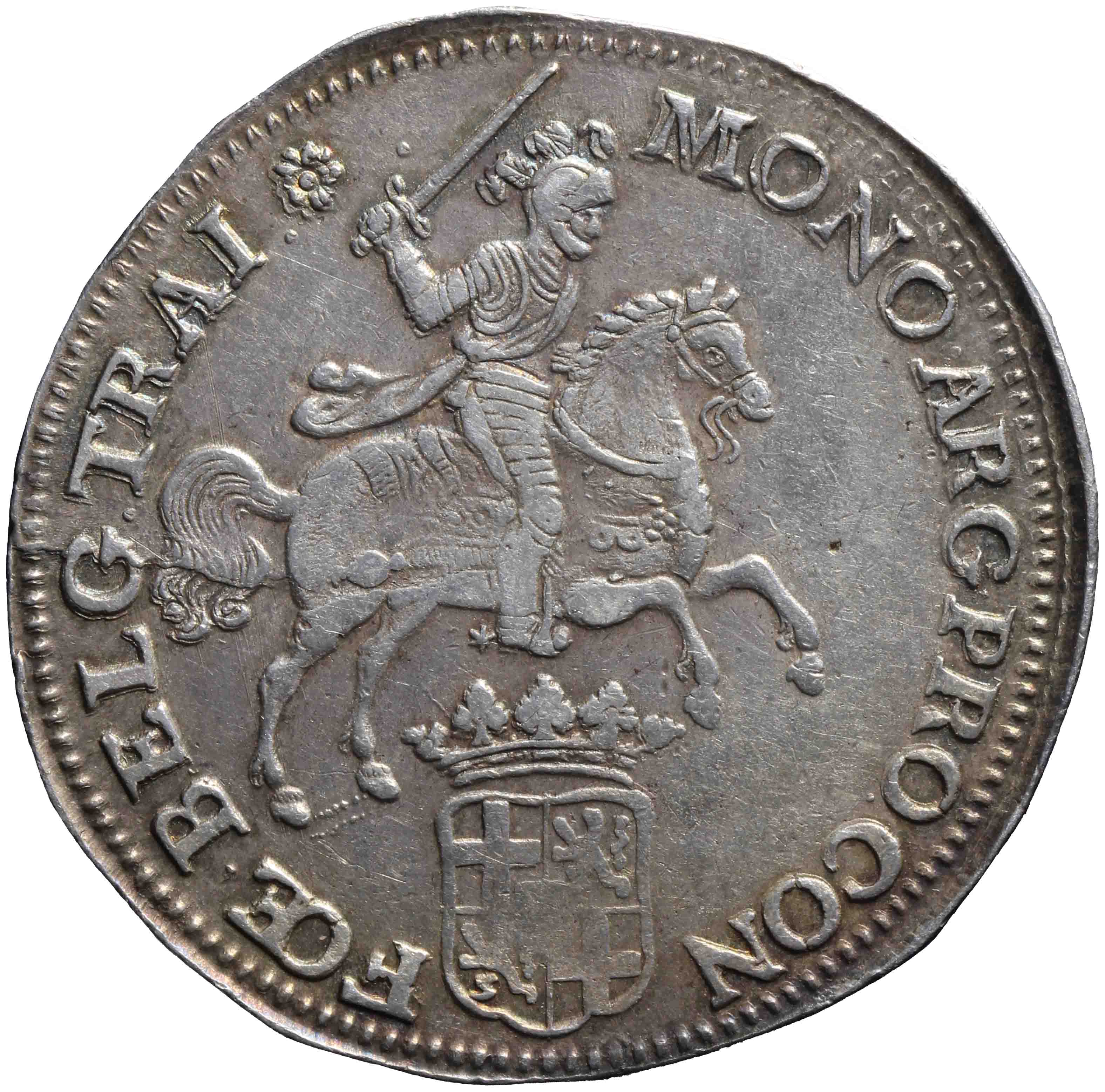 Afbeelding van de voorzijde. zilveren rijder of dukaton. Inventarisnummer:1914-0076