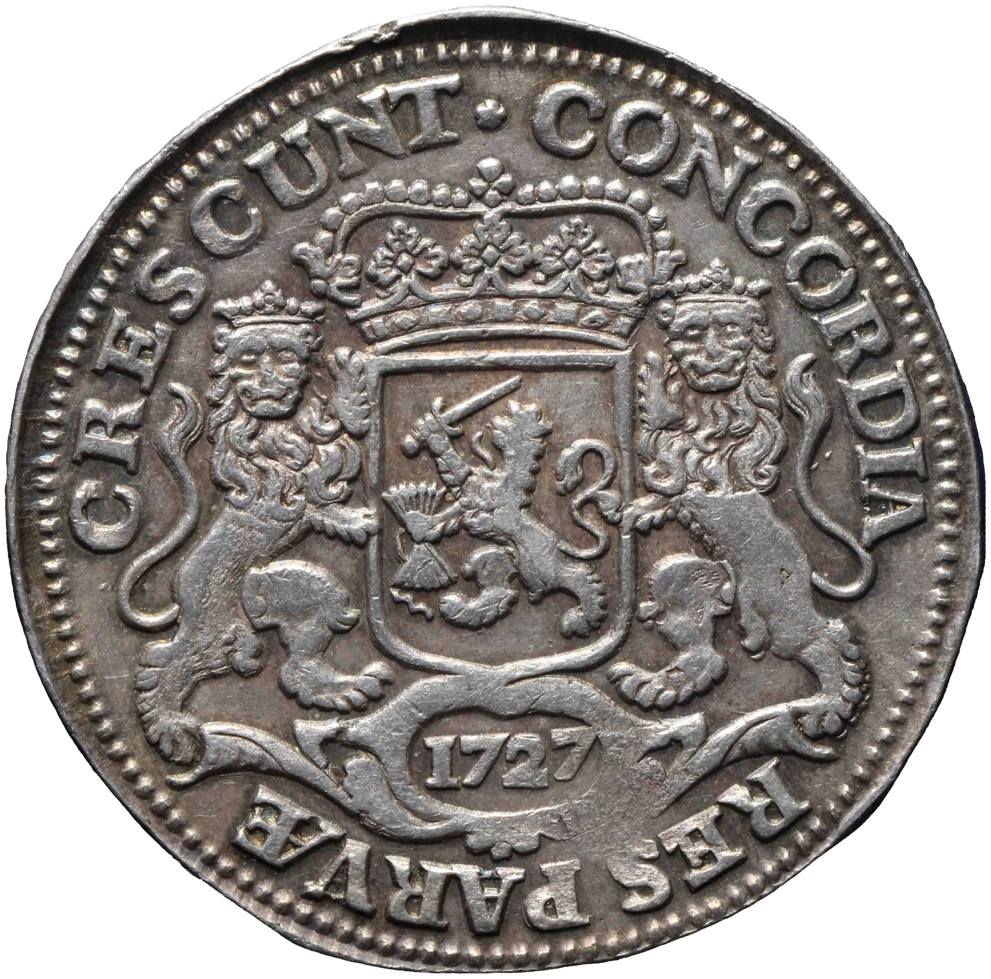 Afbeelding van de keerzijde. zilveren rijder of dukaton. Inventarisnummer:1914-0076