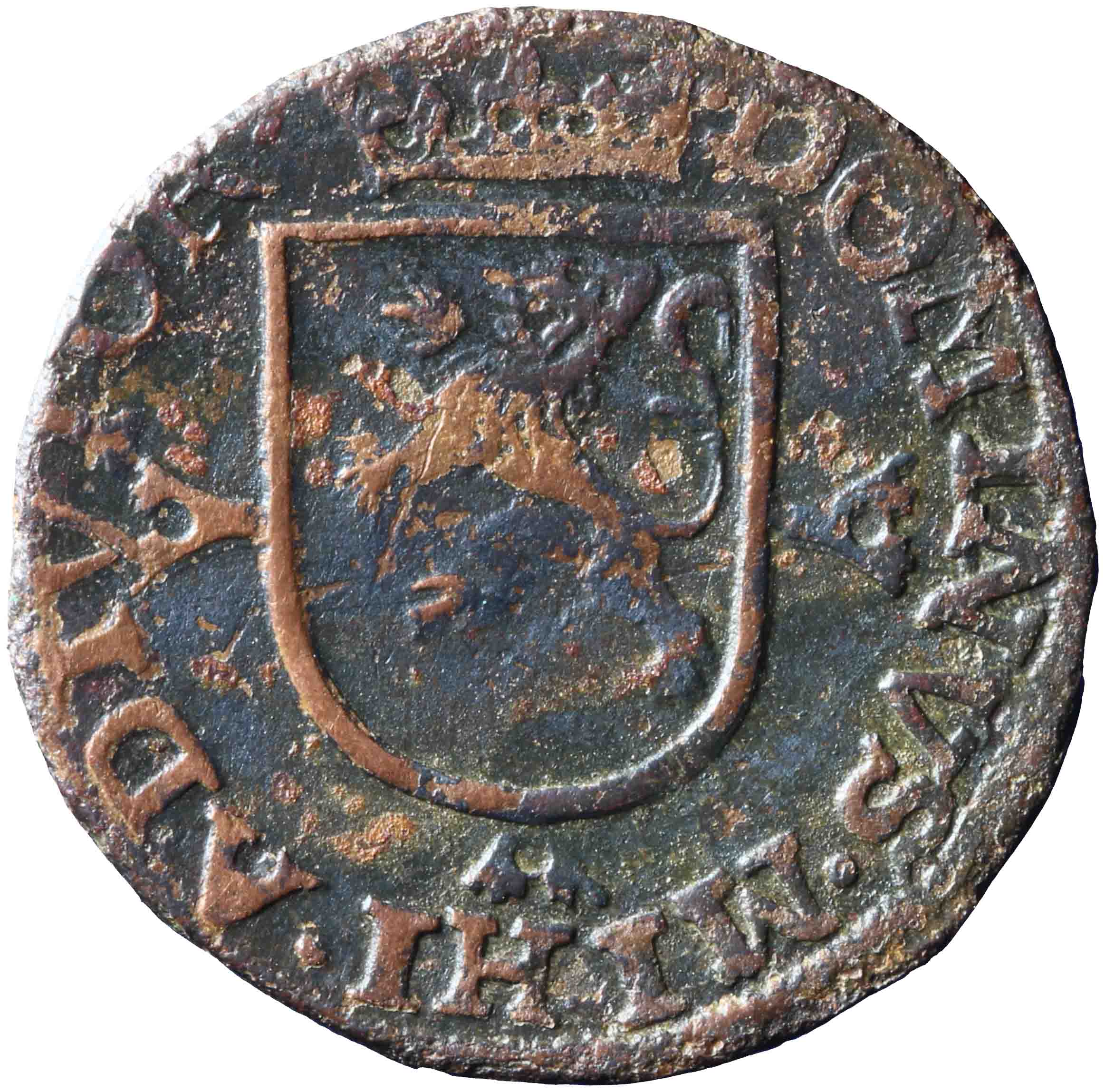 Afbeelding van de voorzijde. duit of achtste stuiver. Inventarisnummer:1947-0083