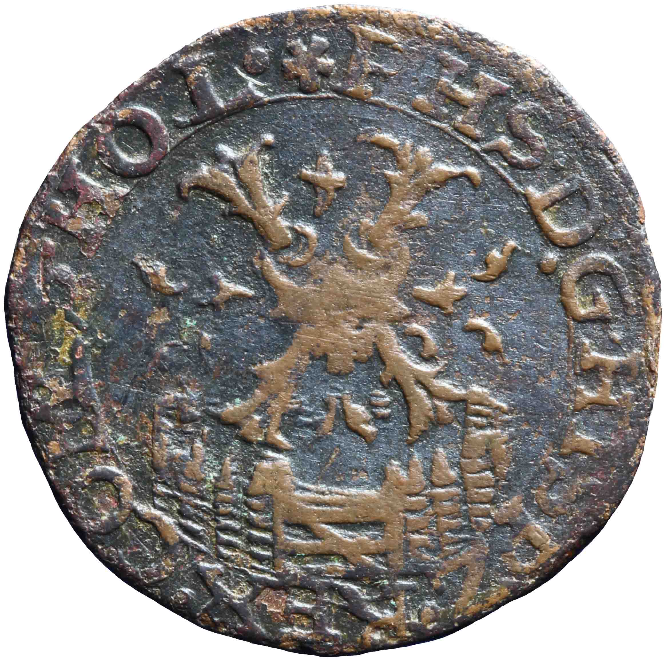 Afbeelding van de keerzijde. duit of achtste stuiver. Inventarisnummer:1947-0083