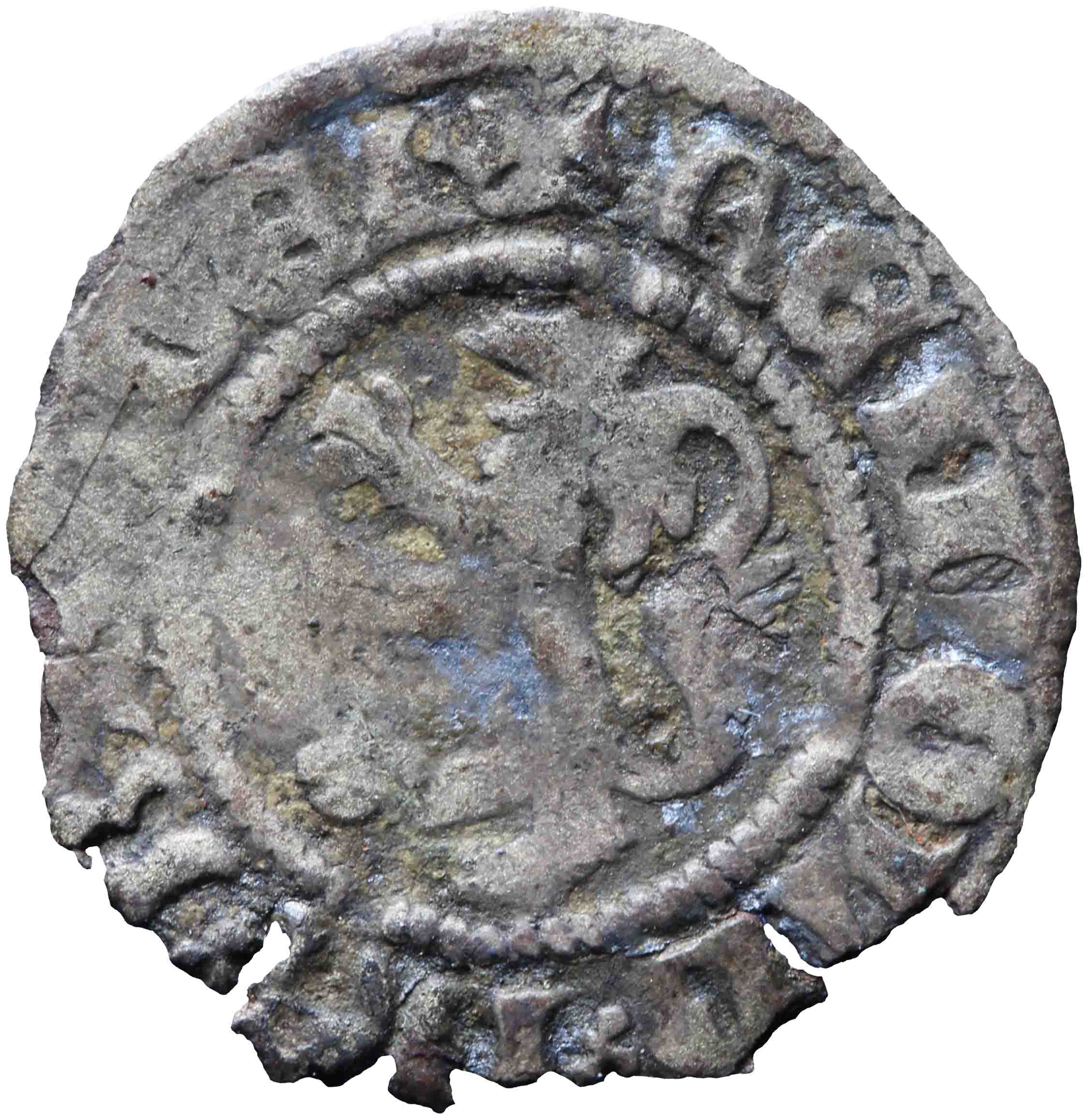 Afbeelding van de voorzijde. kwart groot ; hollandse penning; denier au lion. Inventarisnummer:1951-0068