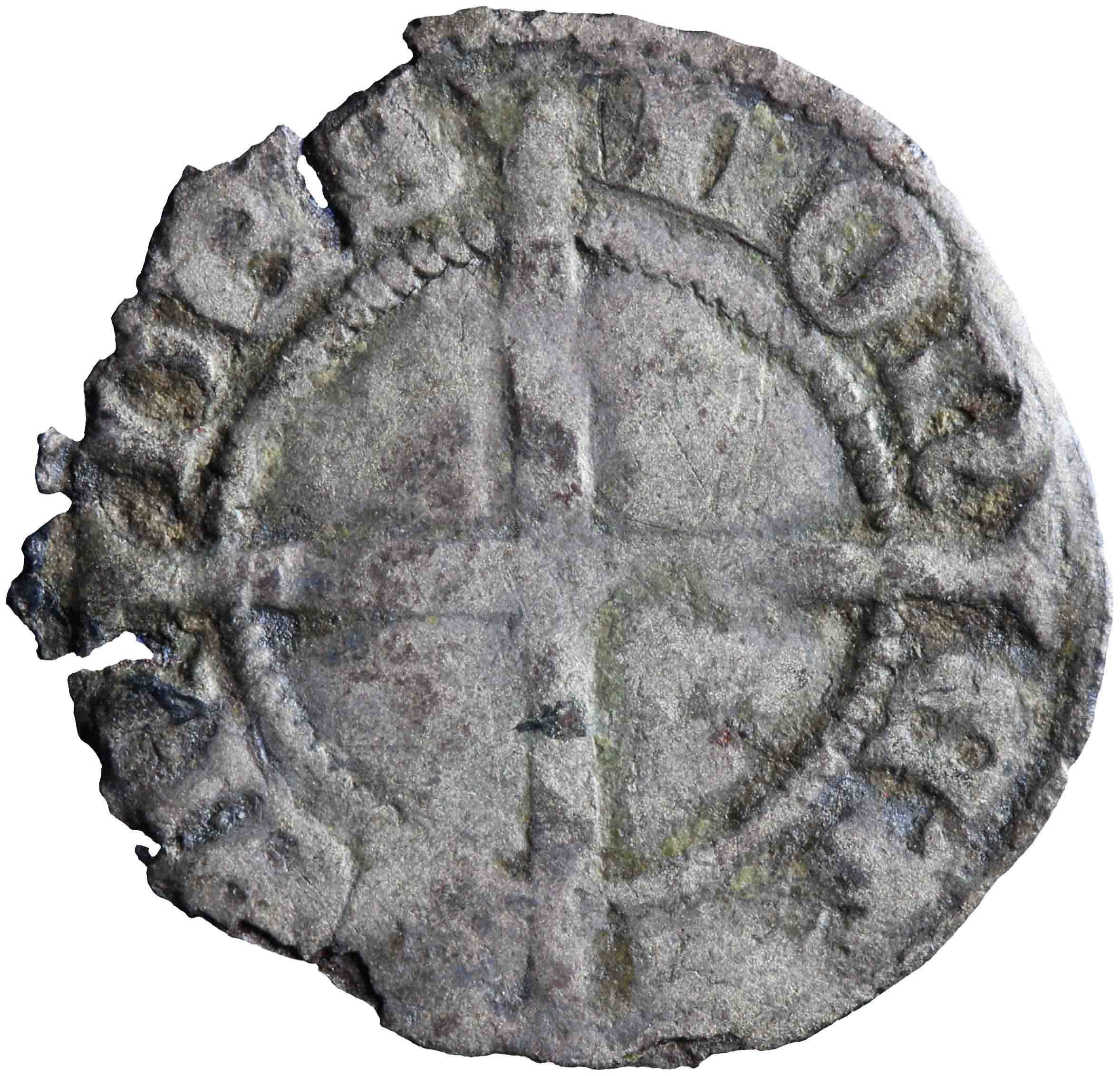 Afbeelding van de keerzijde. kwart groot ; hollandse penning; denier au lion. Inventarisnummer:1951-0068