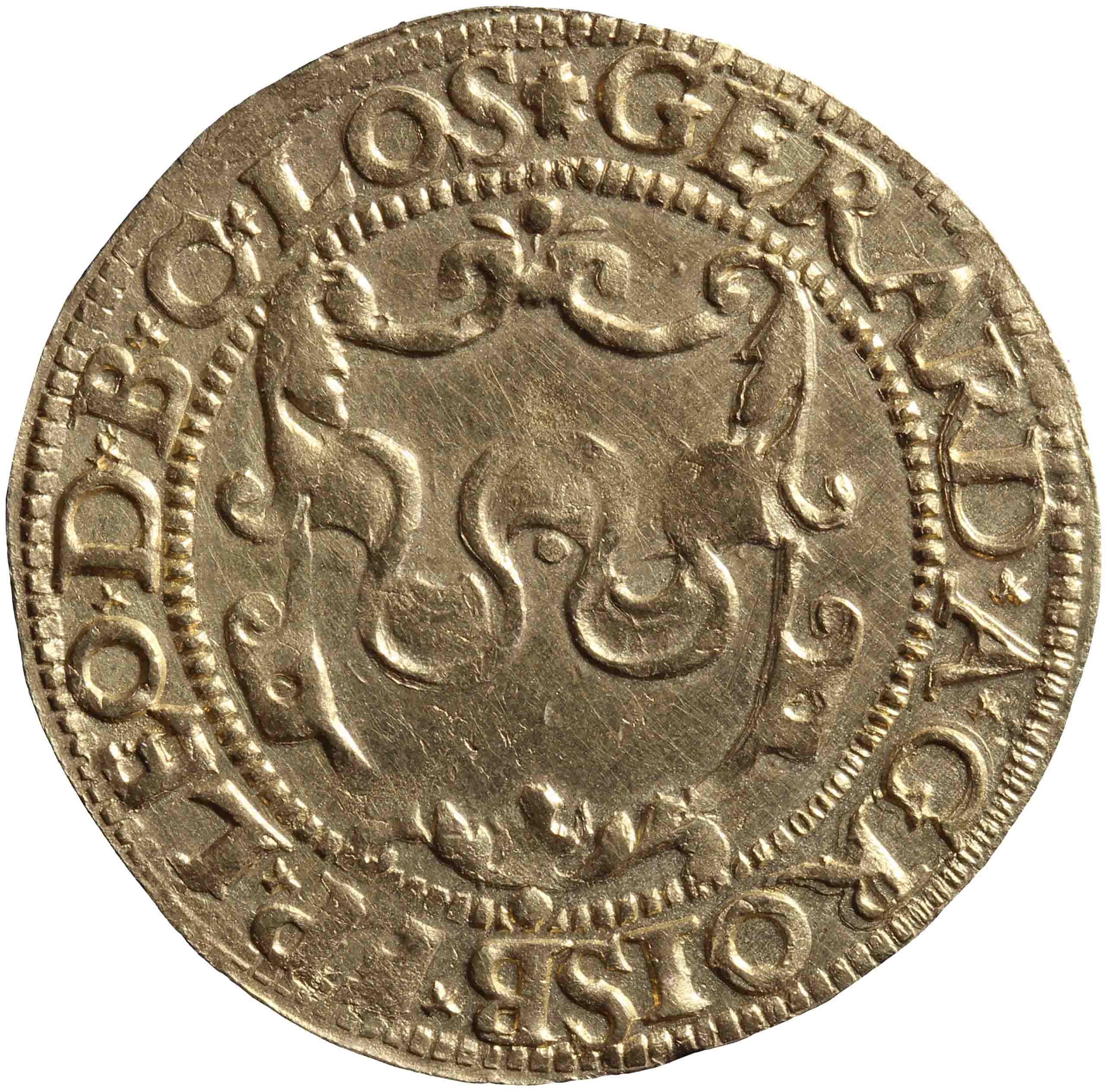 Afbeelding van de voorzijde. goudgulden. Inventarisnummer:1952-0119