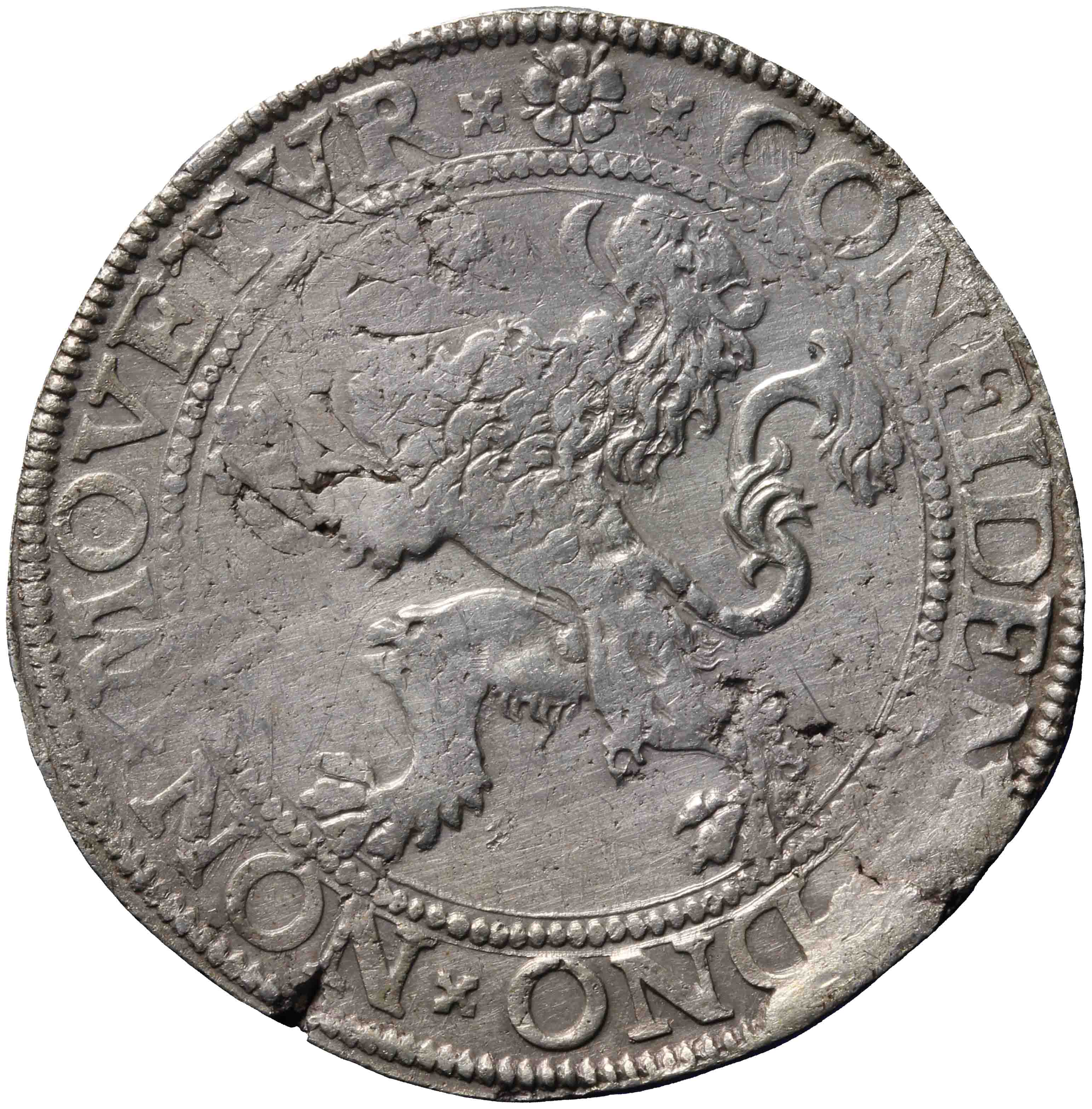 Afbeelding van de keerzijde. leeuwendaalder op Hollandse muntvoet. Inventarisnummer:1954-0065