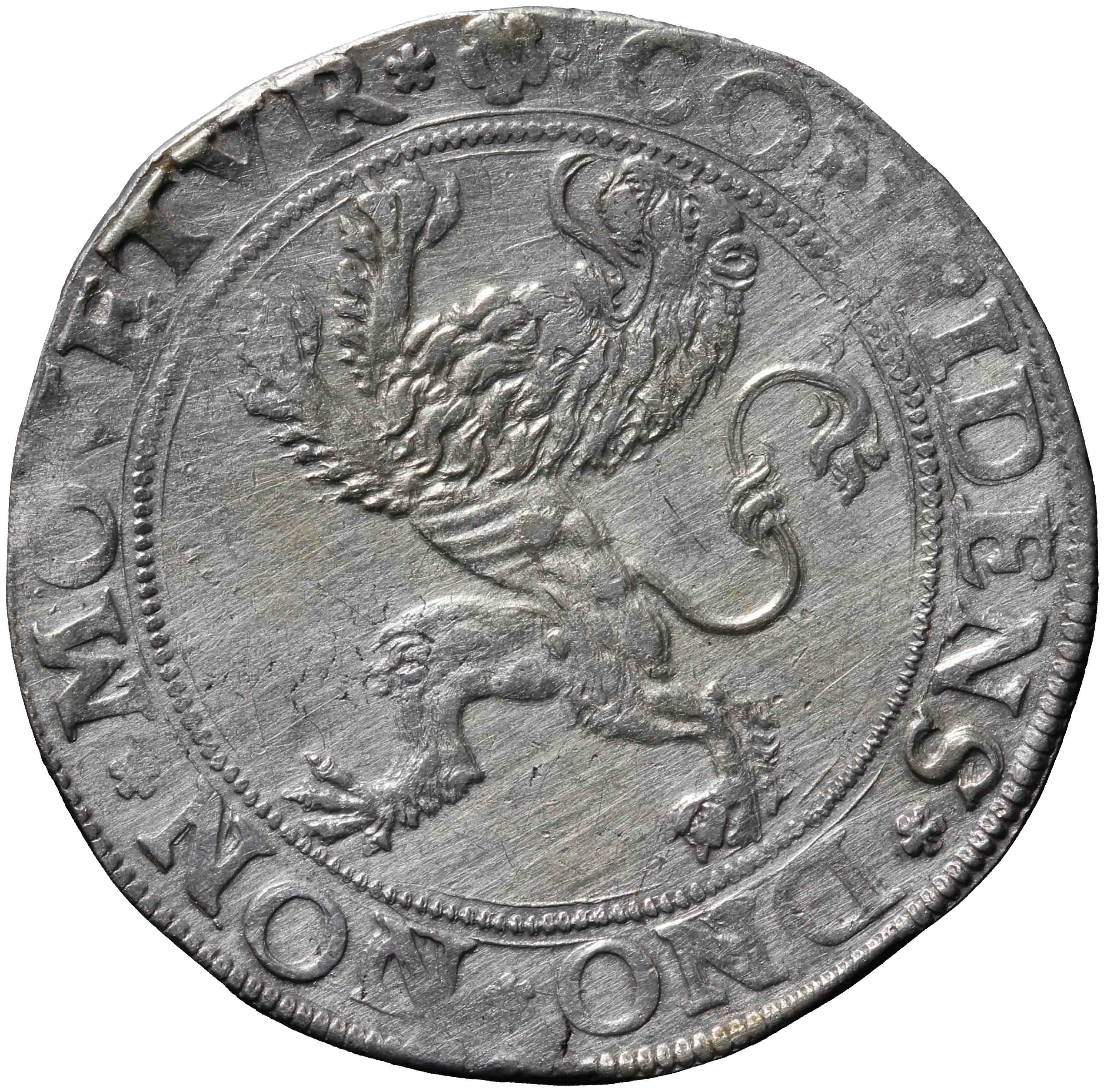 Afbeelding van de keerzijde. leeuwendaalder op Hollandse muntvoet. Inventarisnummer:1954-0067