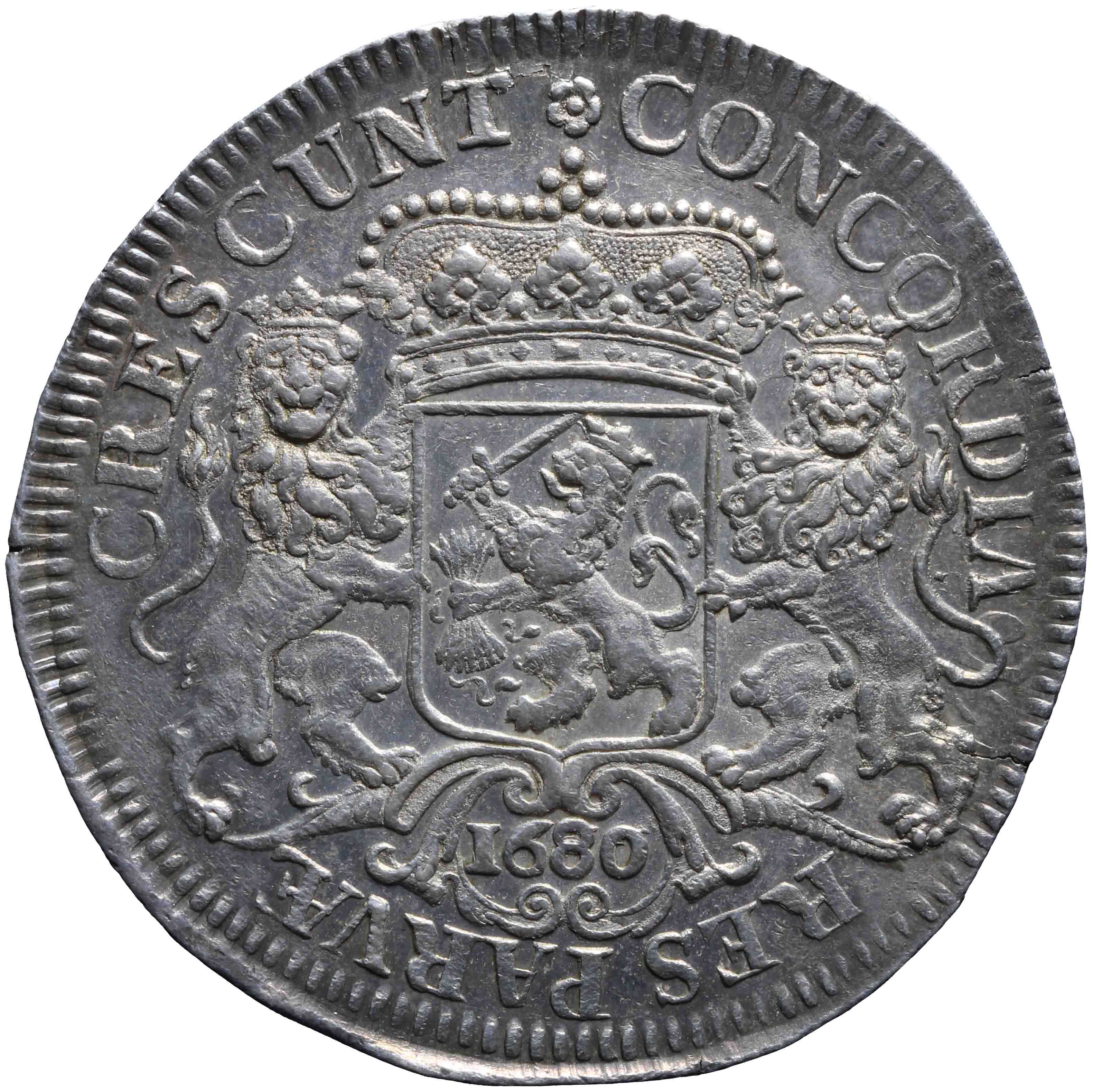 Afbeelding van de keerzijde. zilveren rijder of dukaton. Inventarisnummer:1955-0027