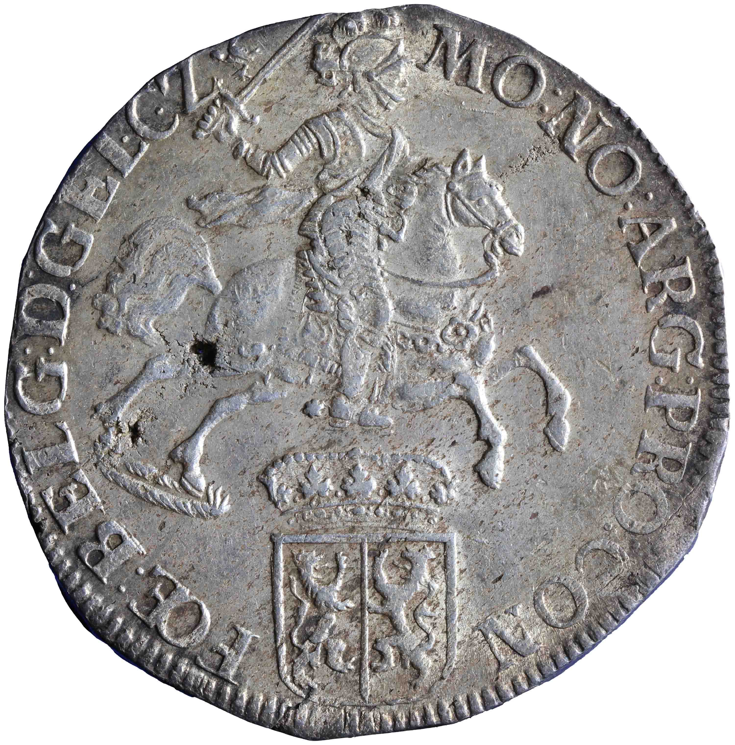 Afbeelding van de voorzijde. zilveren rijder of dukaton. Inventarisnummer:1956-0182