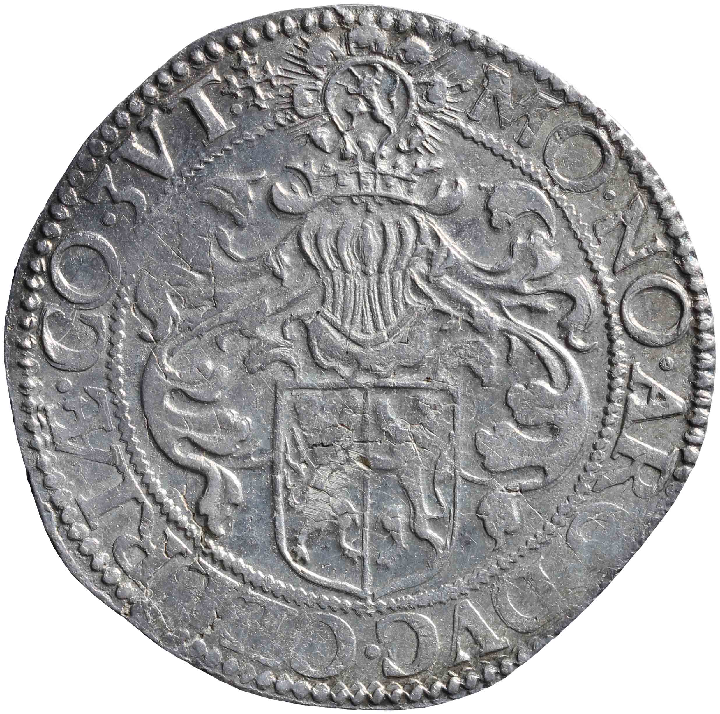 Afbeelding van de keerzijde. Gelderse of gehelmde rijksdaalder of prinsendaalder. Inventarisnummer:1957-0086