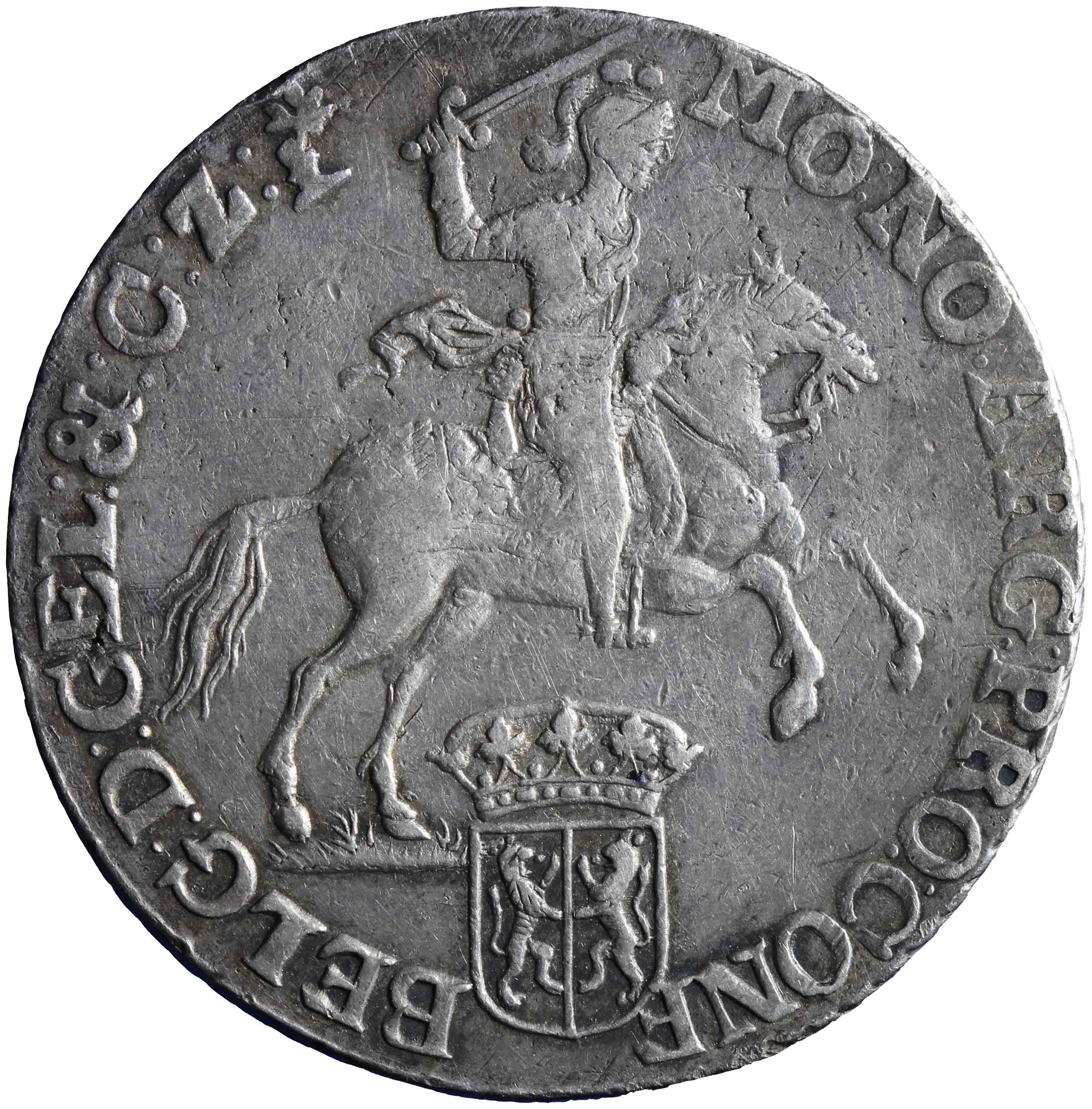 Afbeelding van de voorzijde. zilveren rijder of dukaton. Inventarisnummer:1957-0092
