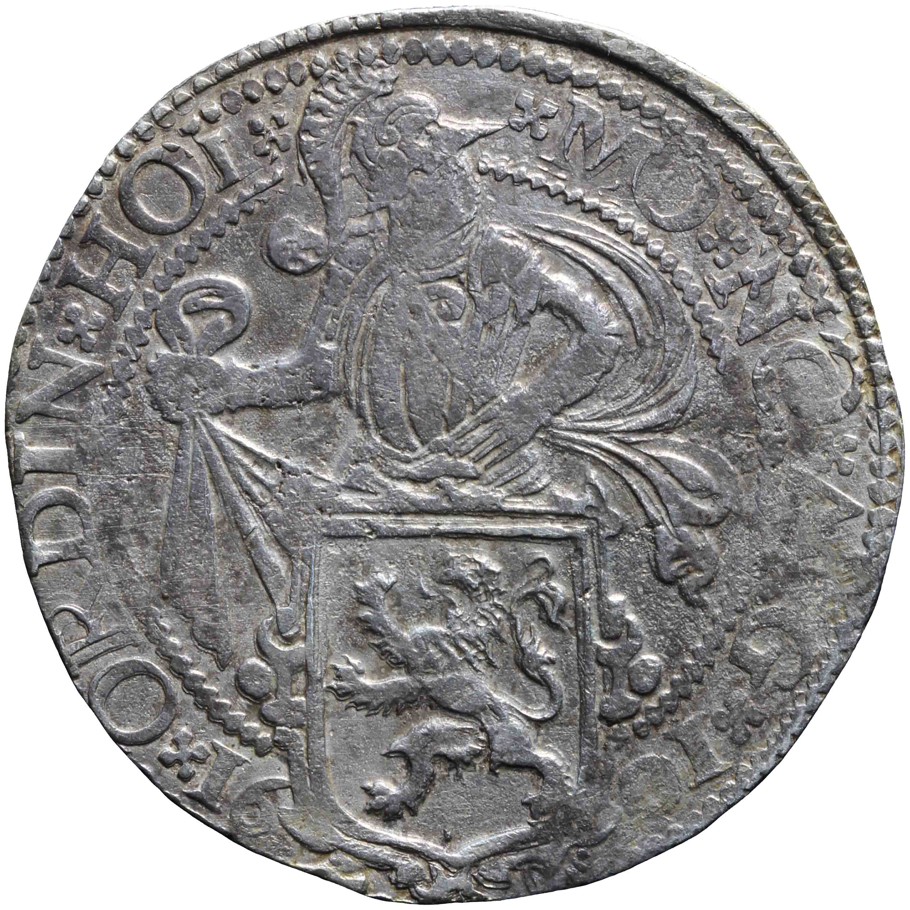 Afbeelding van de voorzijde. leeuwendaalder op Hollandse muntvoet. Inventarisnummer:1958-0051