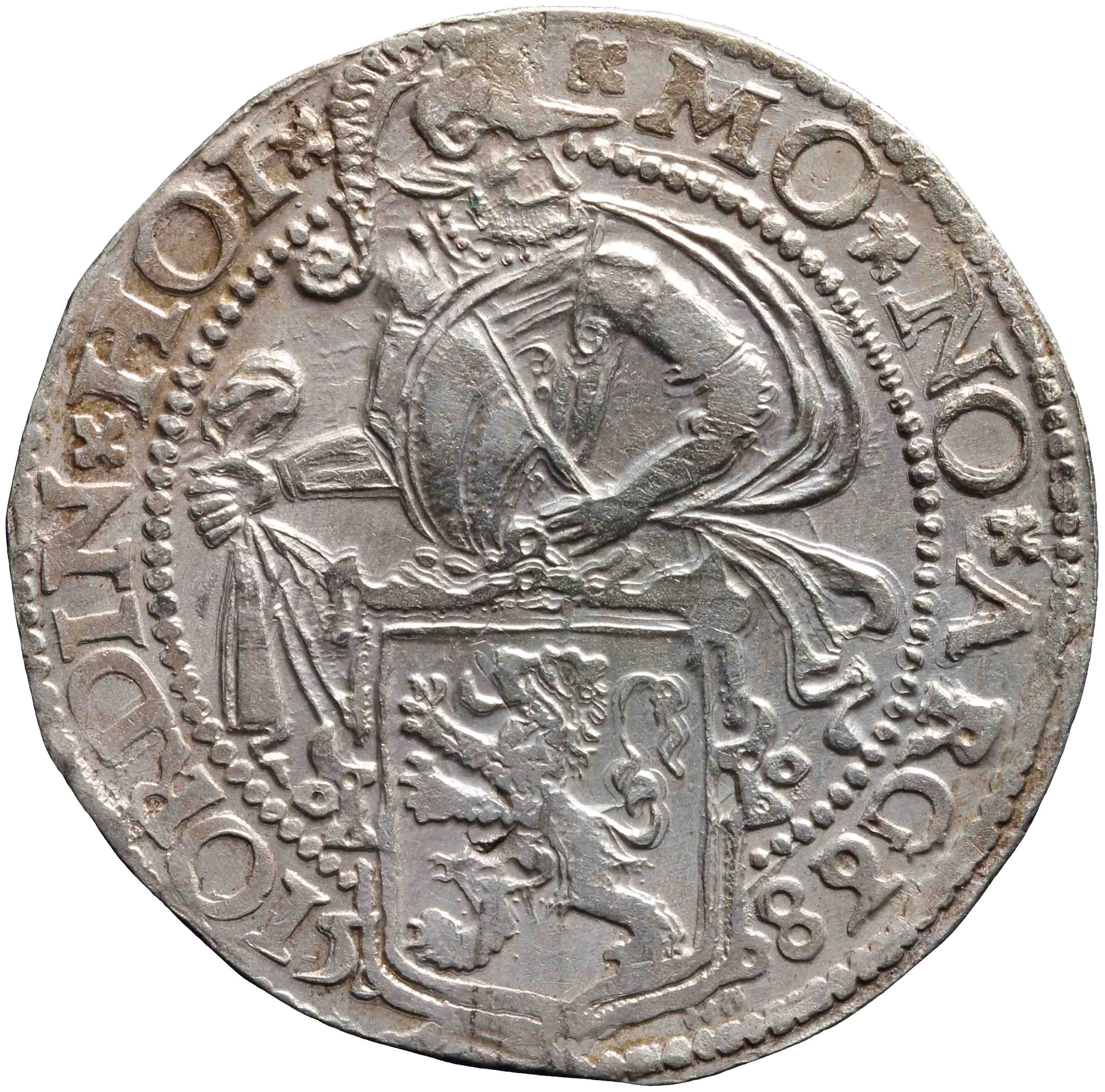 Afbeelding van de voorzijde. leeuwendaalder op Hollandse muntvoet. Inventarisnummer:1958-0238
