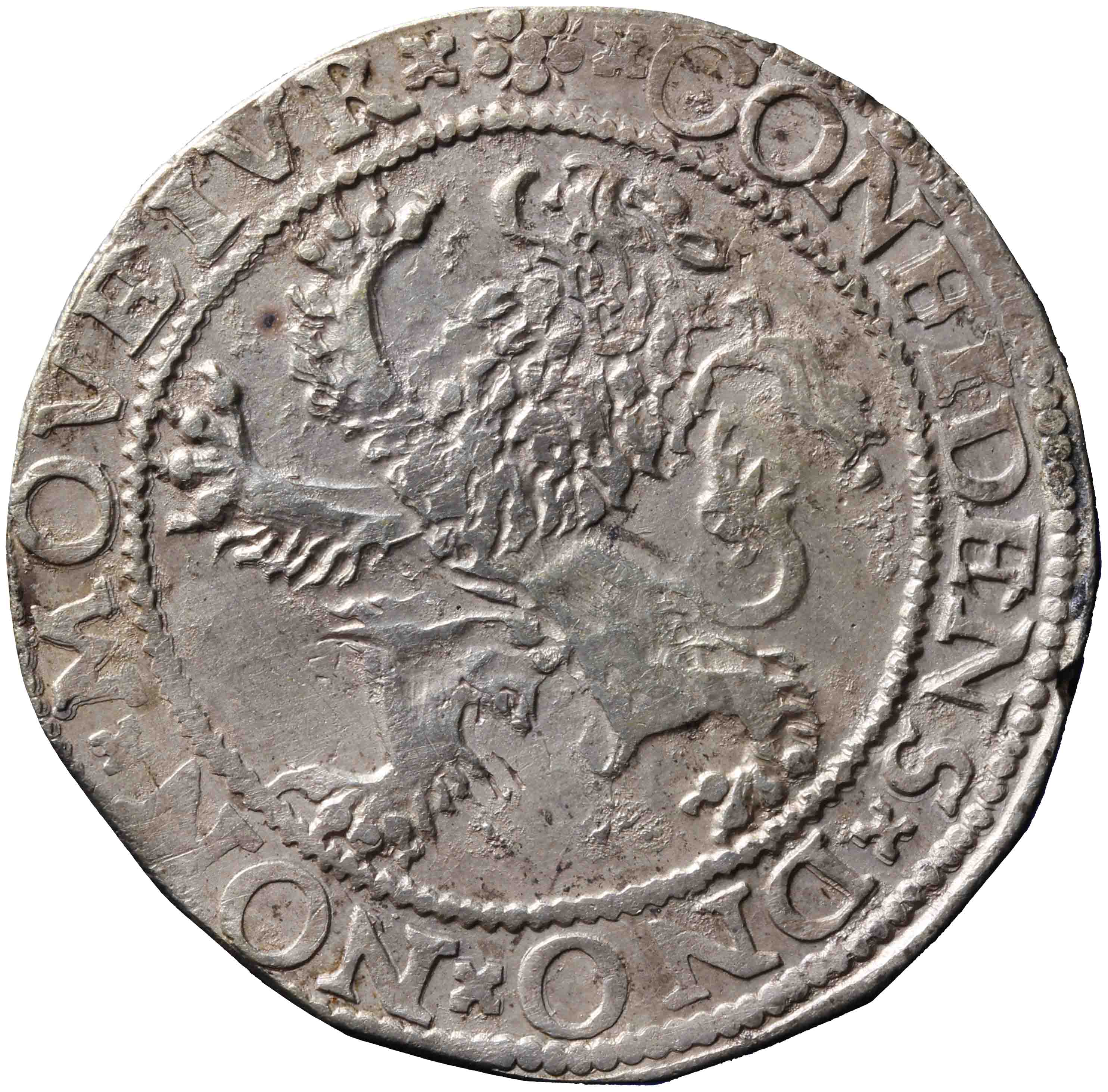 Afbeelding van de keerzijde. leeuwendaalder op Hollandse muntvoet. Inventarisnummer:1958-0238