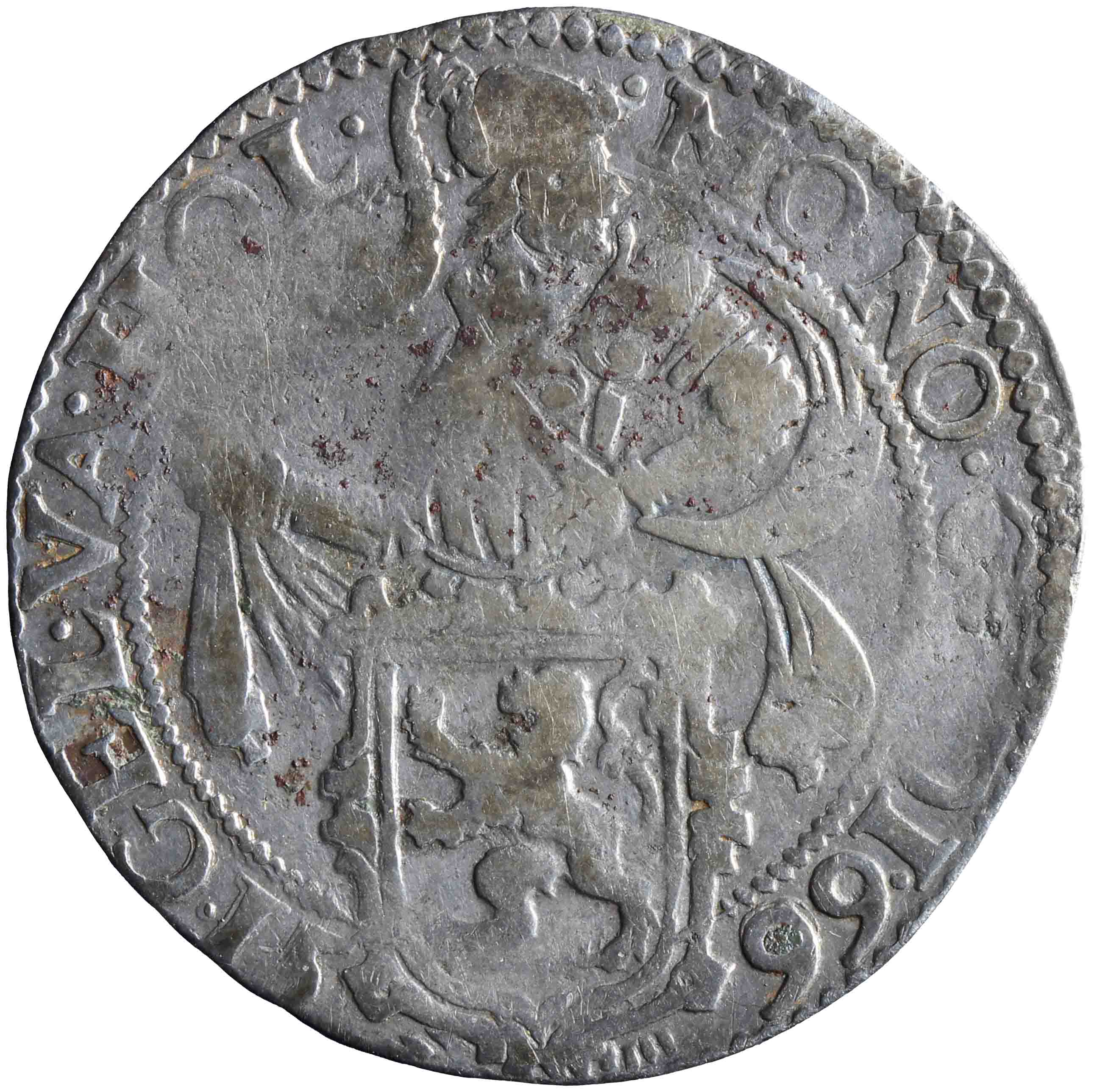 Afbeelding van de voorzijde. halve provinciale leeuwendaalder op Hollandse muntvoet. Inventarisnummer:1958-0322