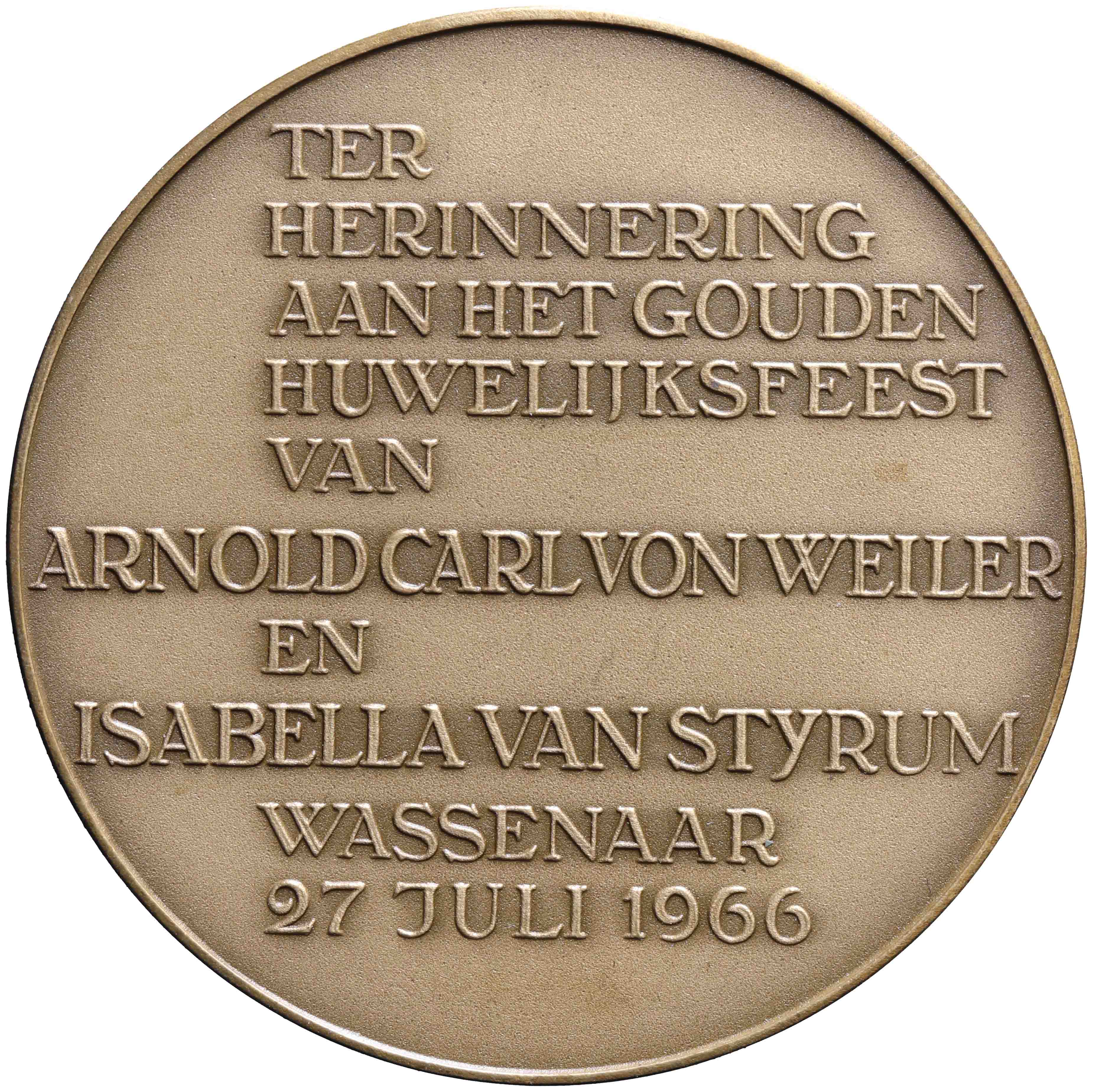 Afbeelding van de keerzijde. Vijftigjarig huwelijk Arnold Carl von Weiler en Isabella van Styrum. Inventarisnummer:1966-0073