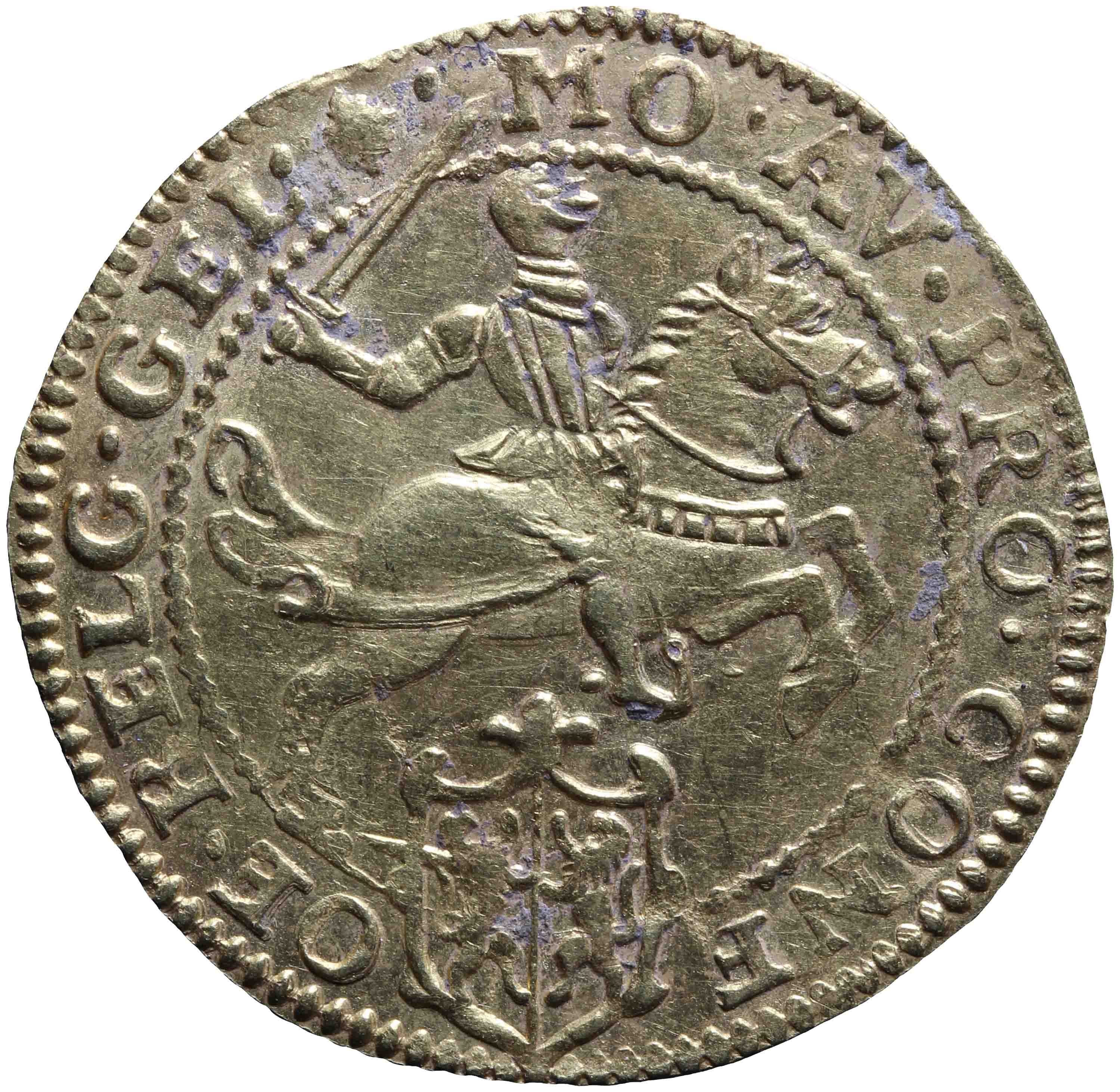 Afbeelding van de voorzijde. halve grote gouden  rijder. Inventarisnummer:1966-0216