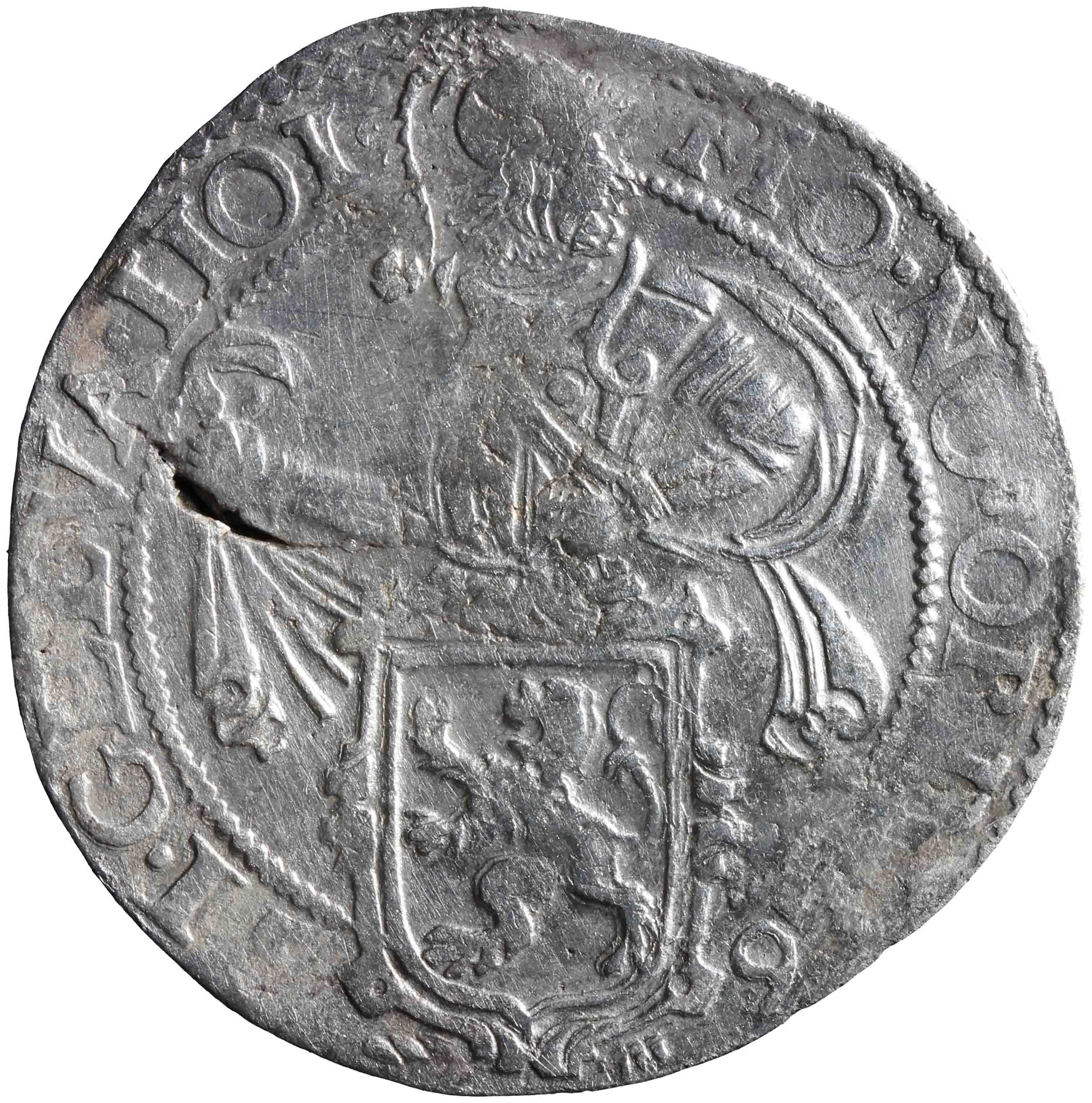 Afbeelding van de voorzijde. halve provinciale leeuwendaalder op Hollandse muntvoet. Inventarisnummer:1971-0029