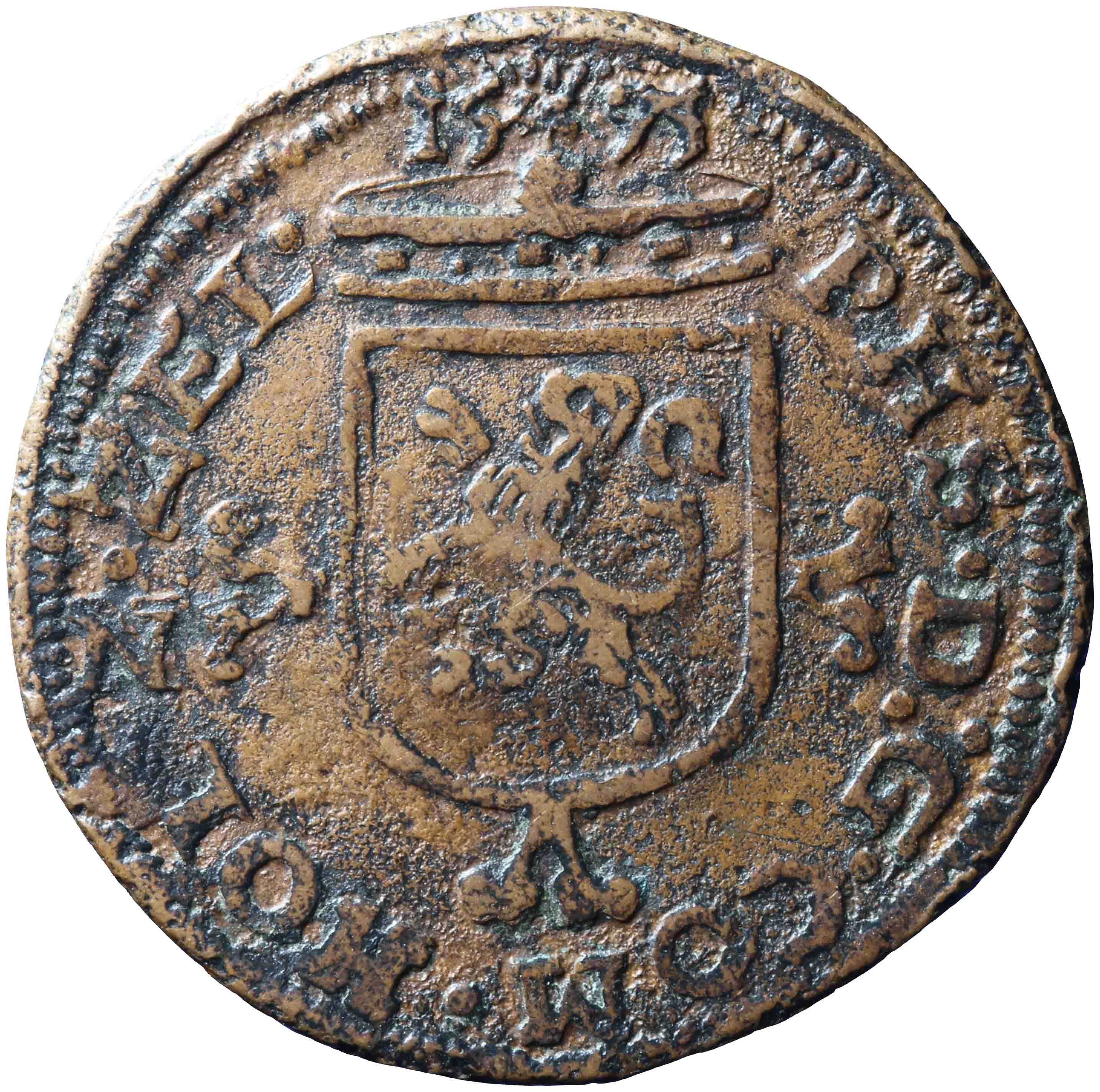 Afbeelding van de keerzijde. kwart stuiver of oord. Inventarisnummer:1971-0168