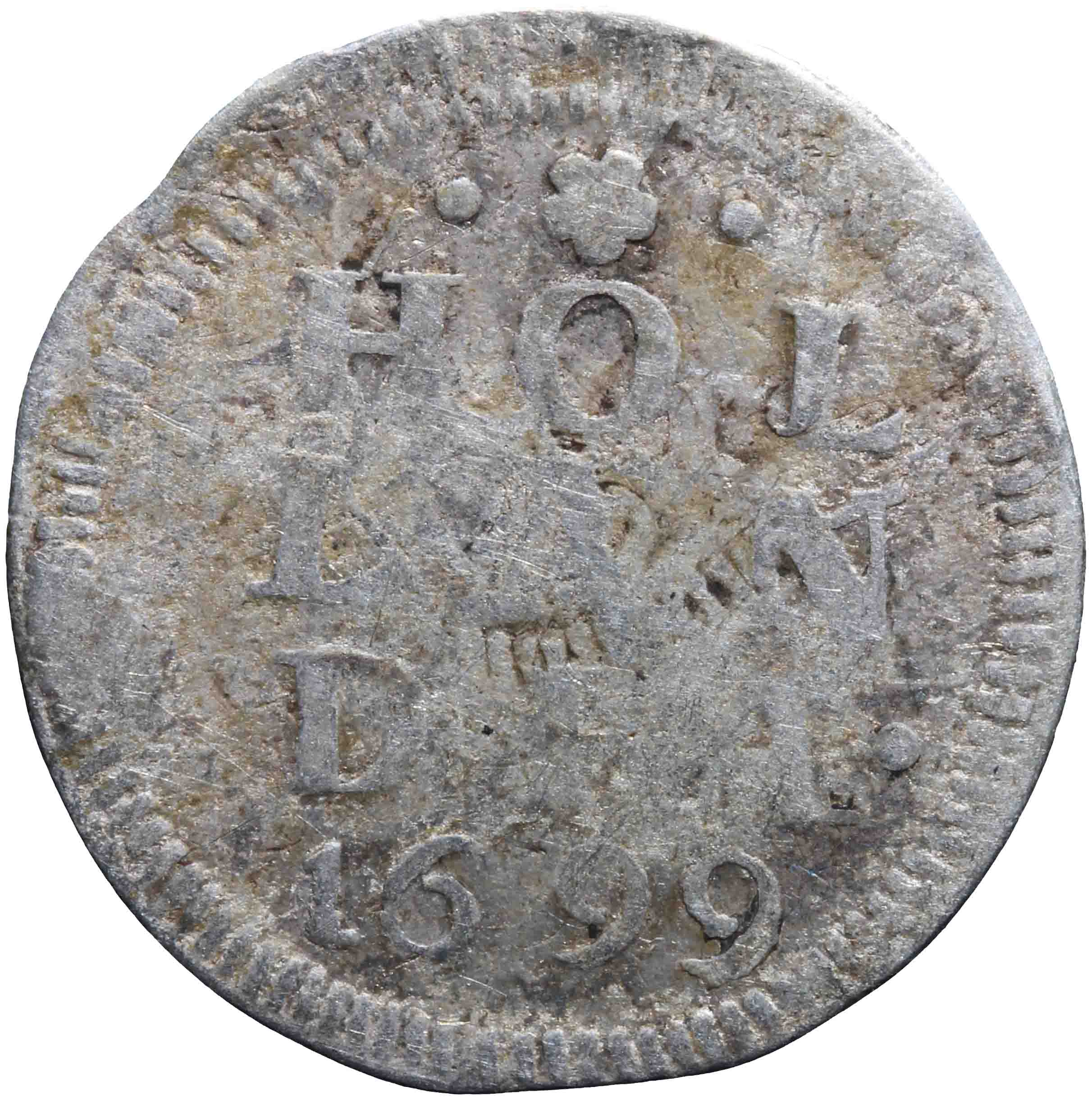 Afbeelding van de keerzijde. dubbele wapenstuiver. Inventarisnummer:1974-0681