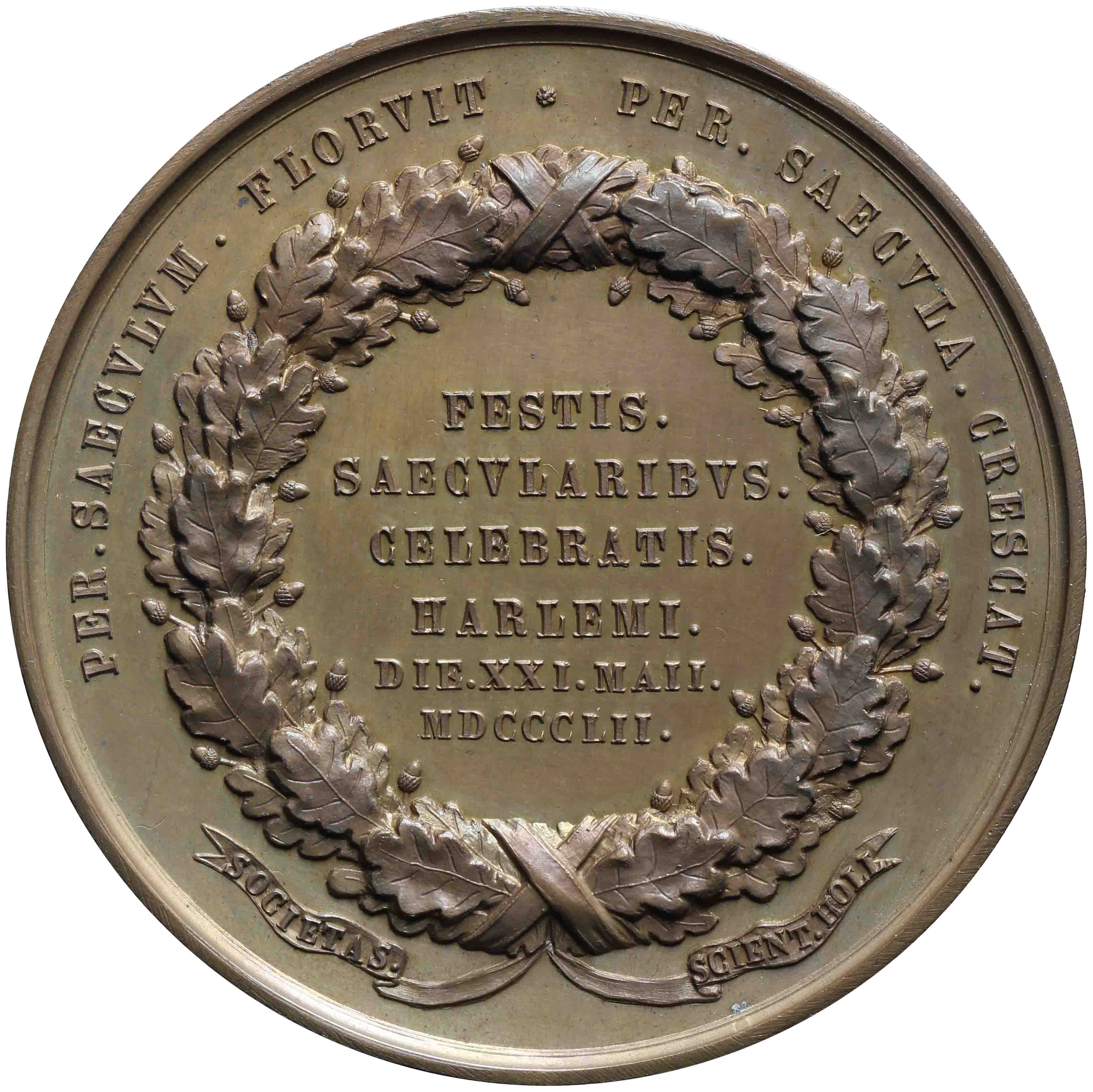Image of the reverse. Hollandsche Maatschappij van Wetenschappen 100 jaar. Inventory number:1977-0161