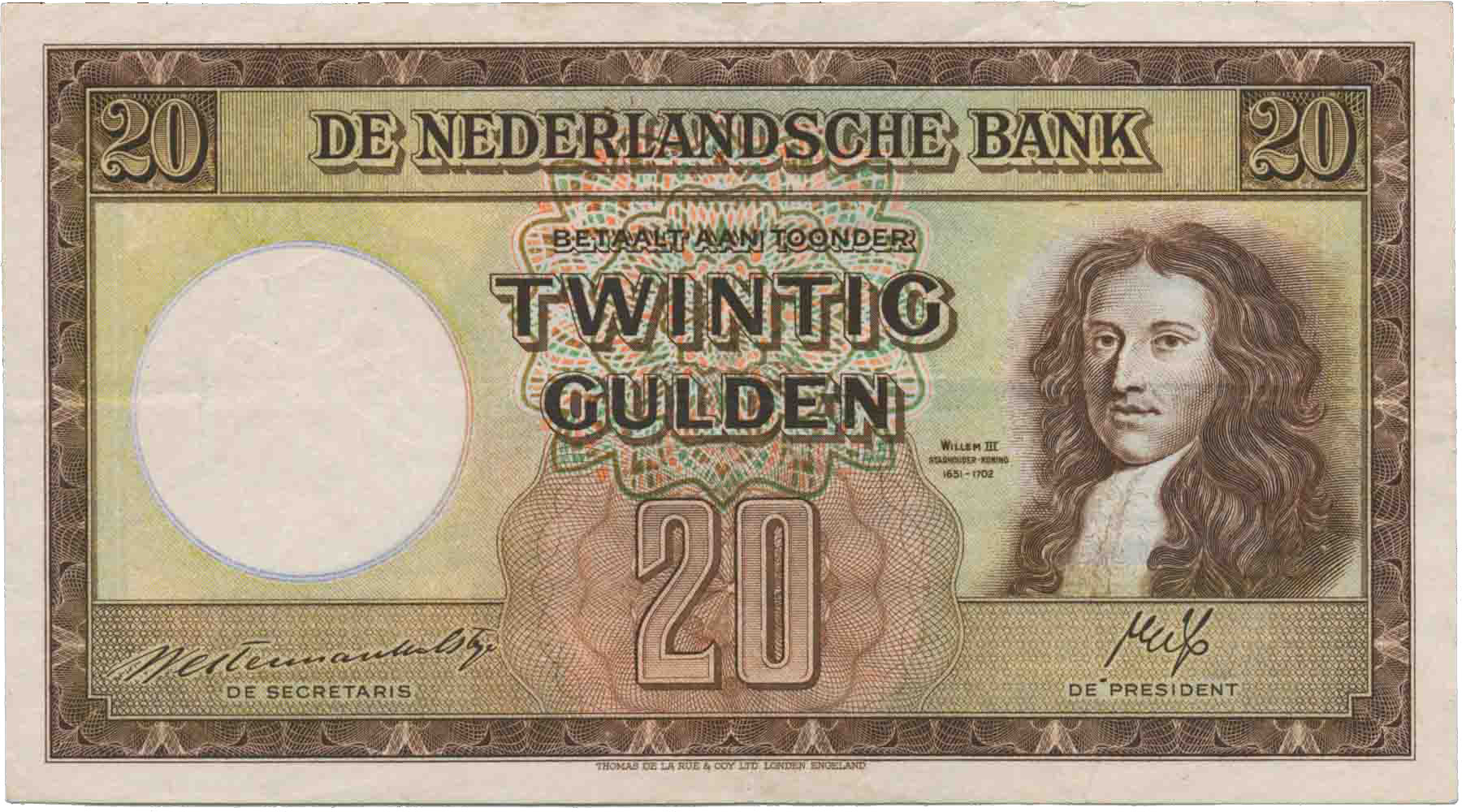 Afbeelding van de voorzijde. twintig gulden. Inventarisnummer:1978-0624