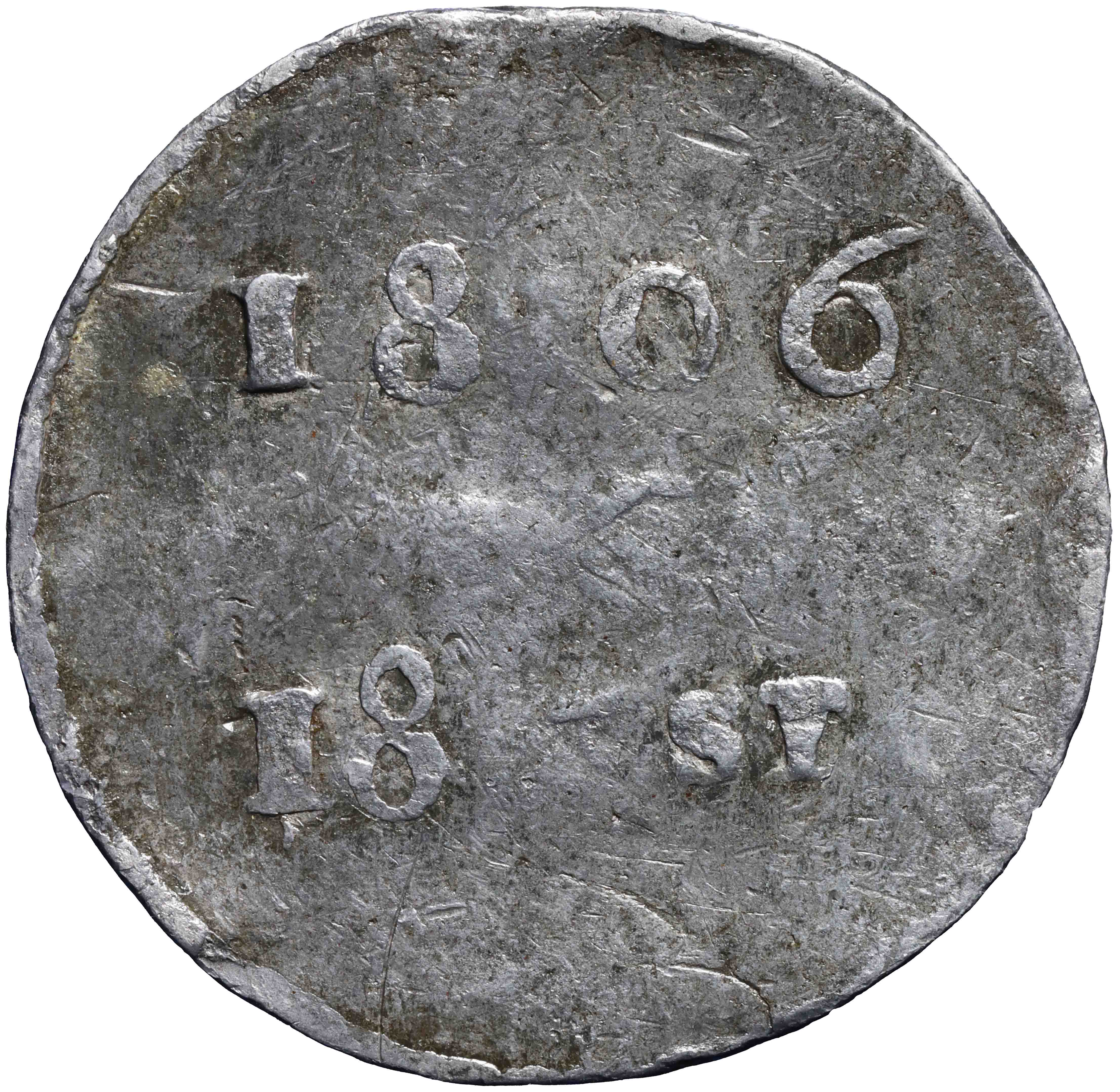 Afbeelding van de voorzijde. loodje ; achttien stuiver. Inventarisnummer:1980-0761