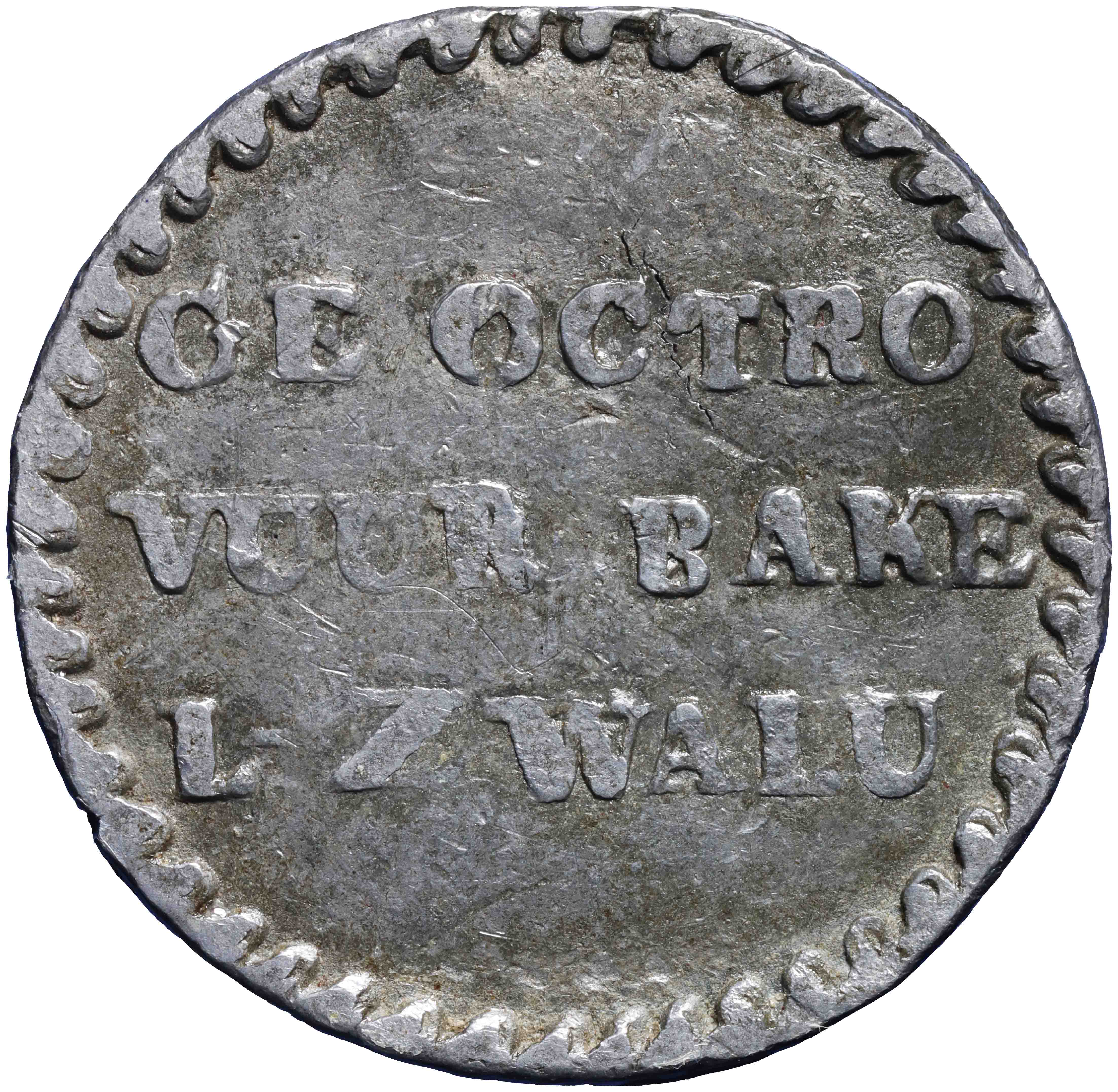 Afbeelding van de keerzijde. loodje ; achttien stuiver. Inventarisnummer:1980-0761