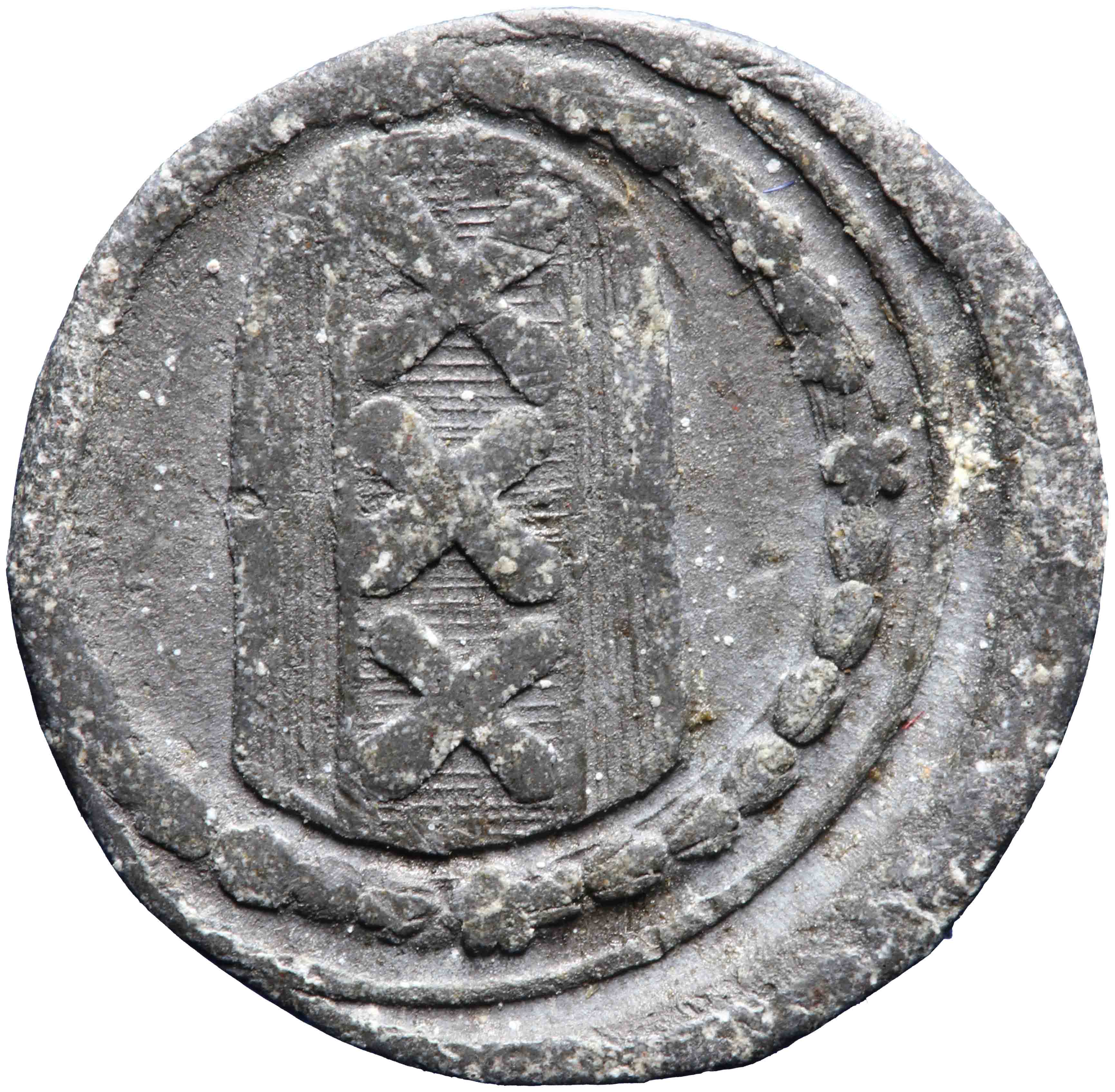 Afbeelding van de voorzijde. avondmaalsloodje. Inventarisnummer:1981-0342