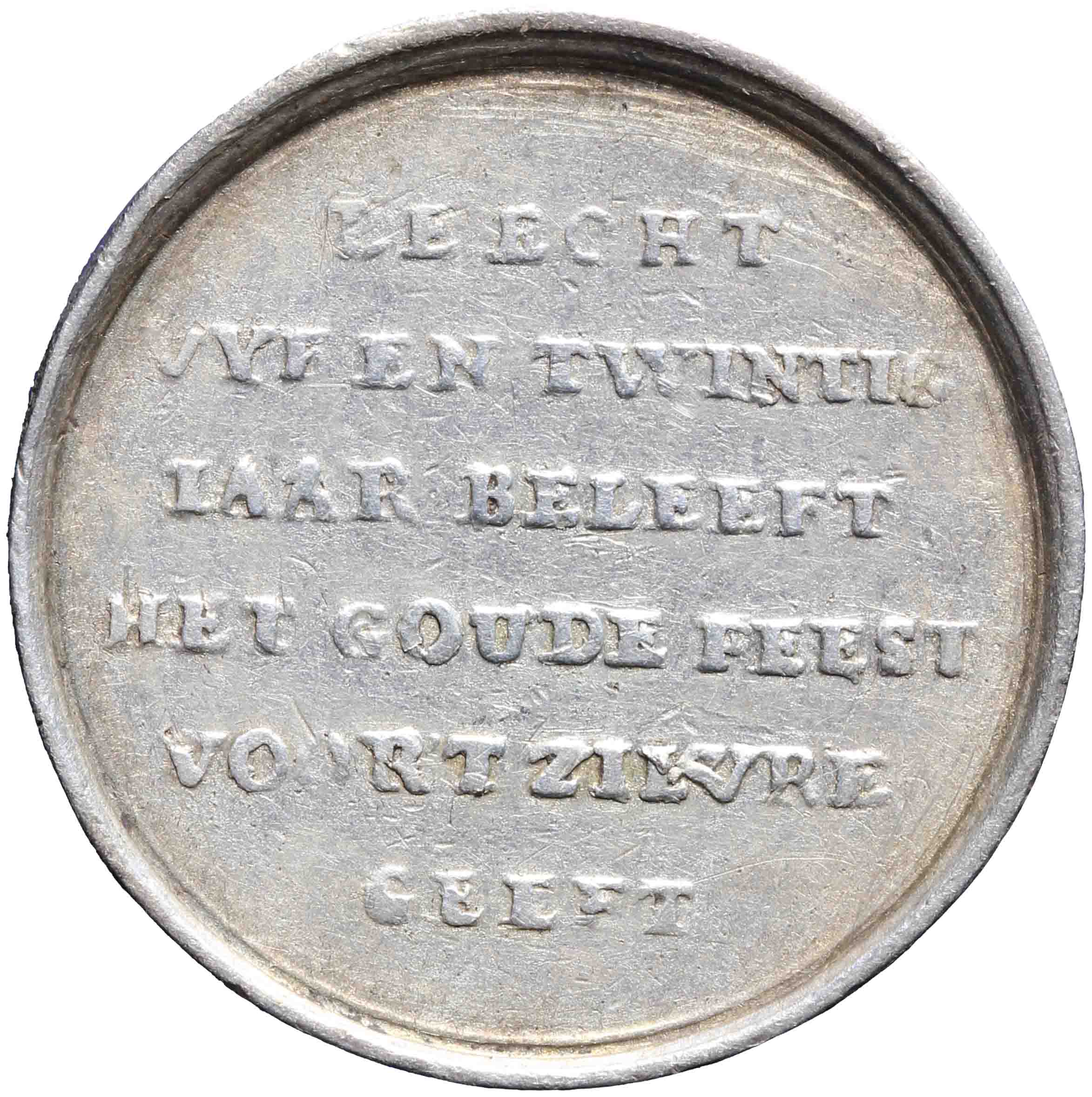 Afbeelding van de keerzijde. Vijfentwintigjarig huwelijk Joan Voordaagh en Leonora Versijl. Inventarisnummer:1984-0052
