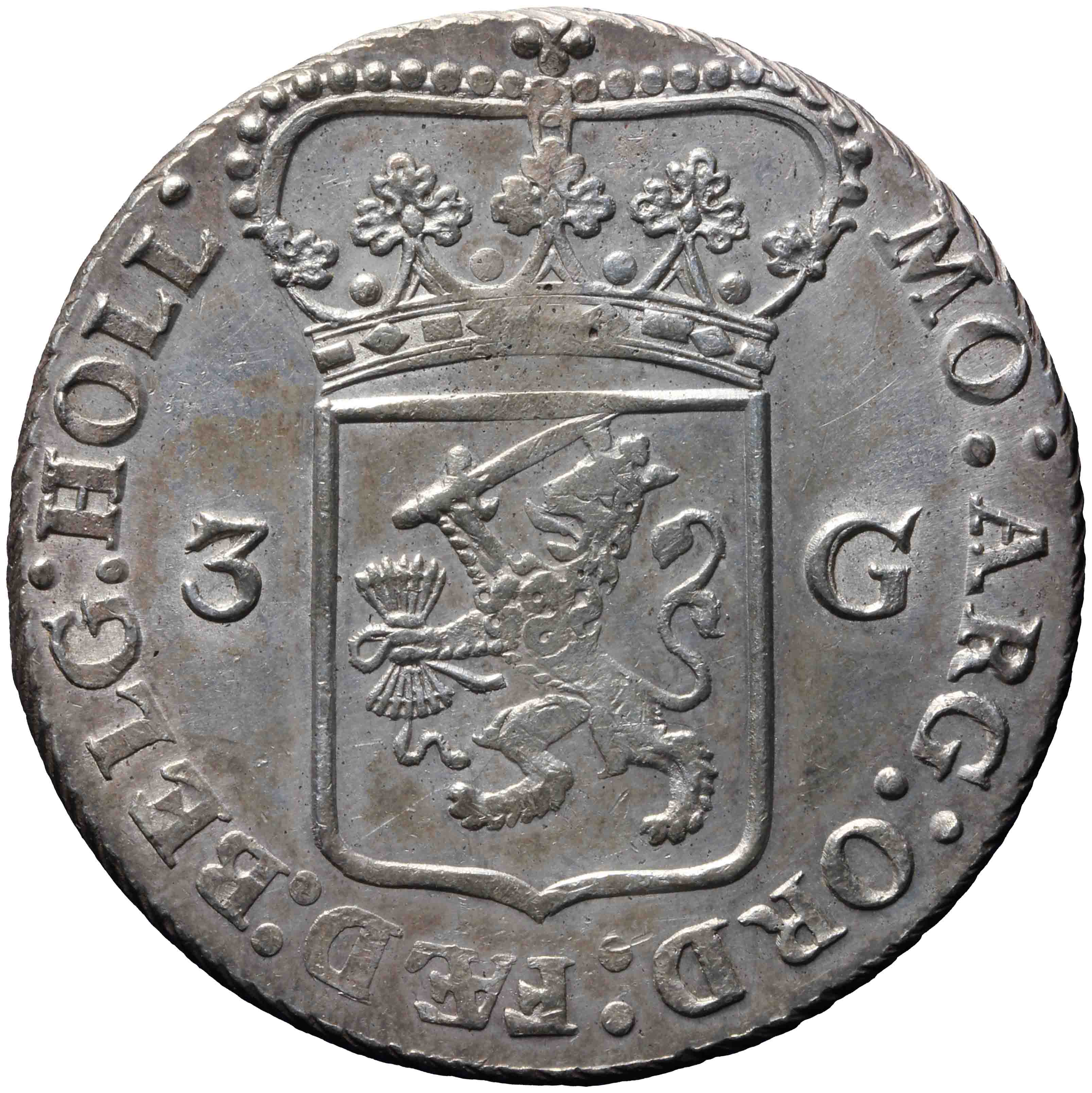 Afbeelding van de keerzijde. Generaliteitsdriegulden of provinciale driegulden. Inventarisnummer:1984-0324