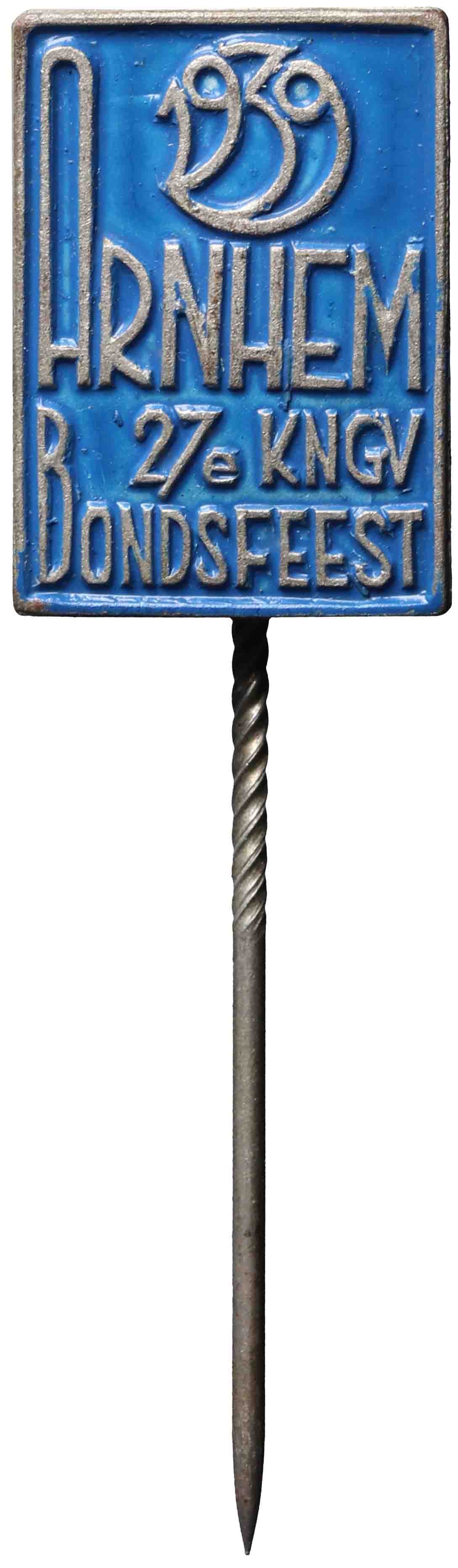 Image of the obverse. Speldje van het 27ste Bondsfeest van het Kon. Ned. Gymn.-Verbond te Arnhem. Inventory number:1986-0042