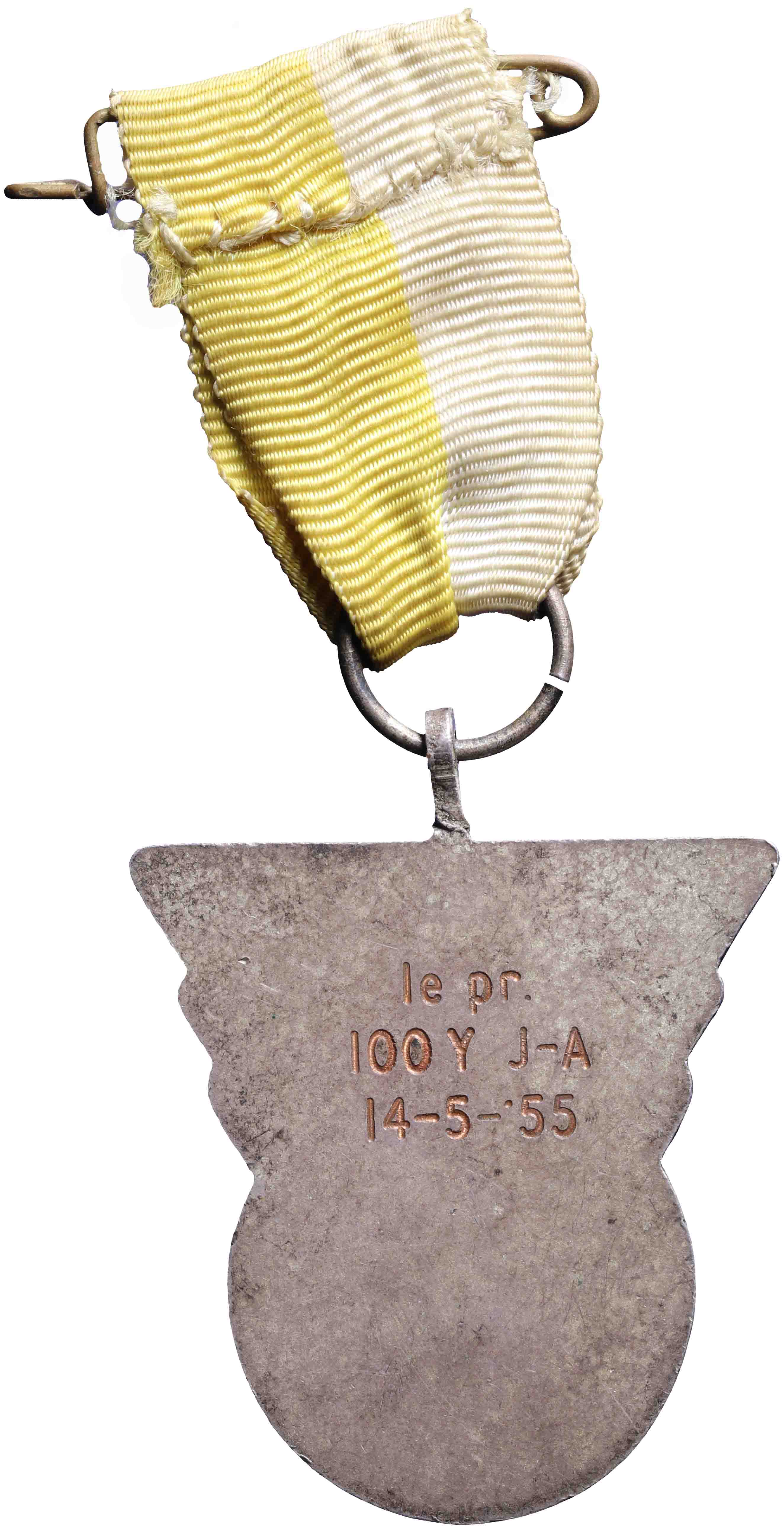 Image of the reverse. Eerste prijs voor 100 yards hardlopen J-A op 14-5-1955. Inventory number:1993-1742