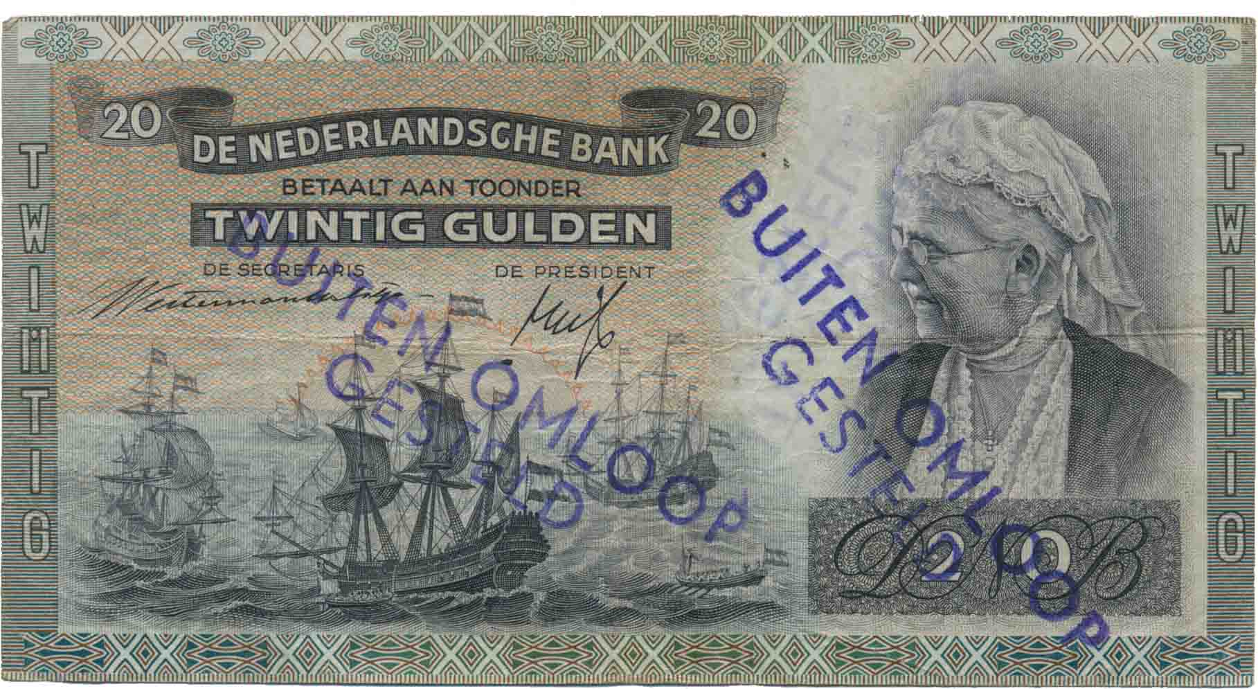 Afbeelding van de voorzijde. twintig gulden. Inventarisnummer:1994-5018