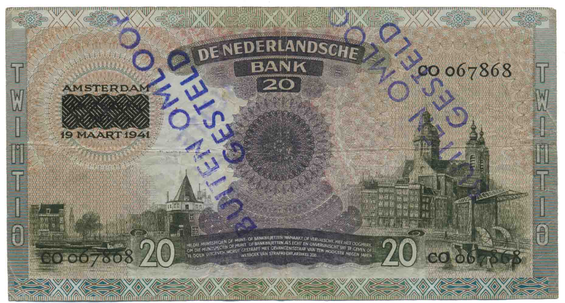 Afbeelding van de keerzijde. twintig gulden. Inventarisnummer:1994-5018