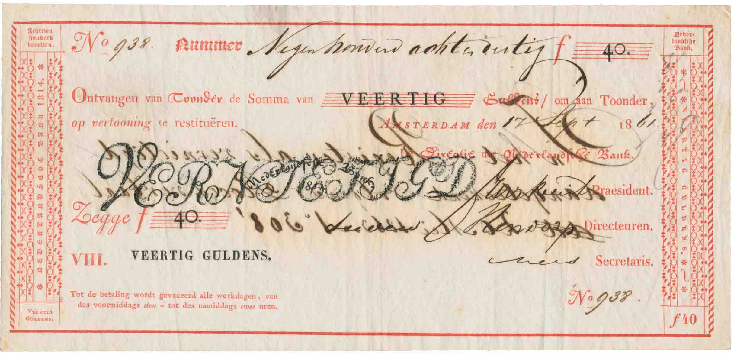 Afbeelding van de voorzijde. veertig gulden. Inventarisnummer:1994-5184