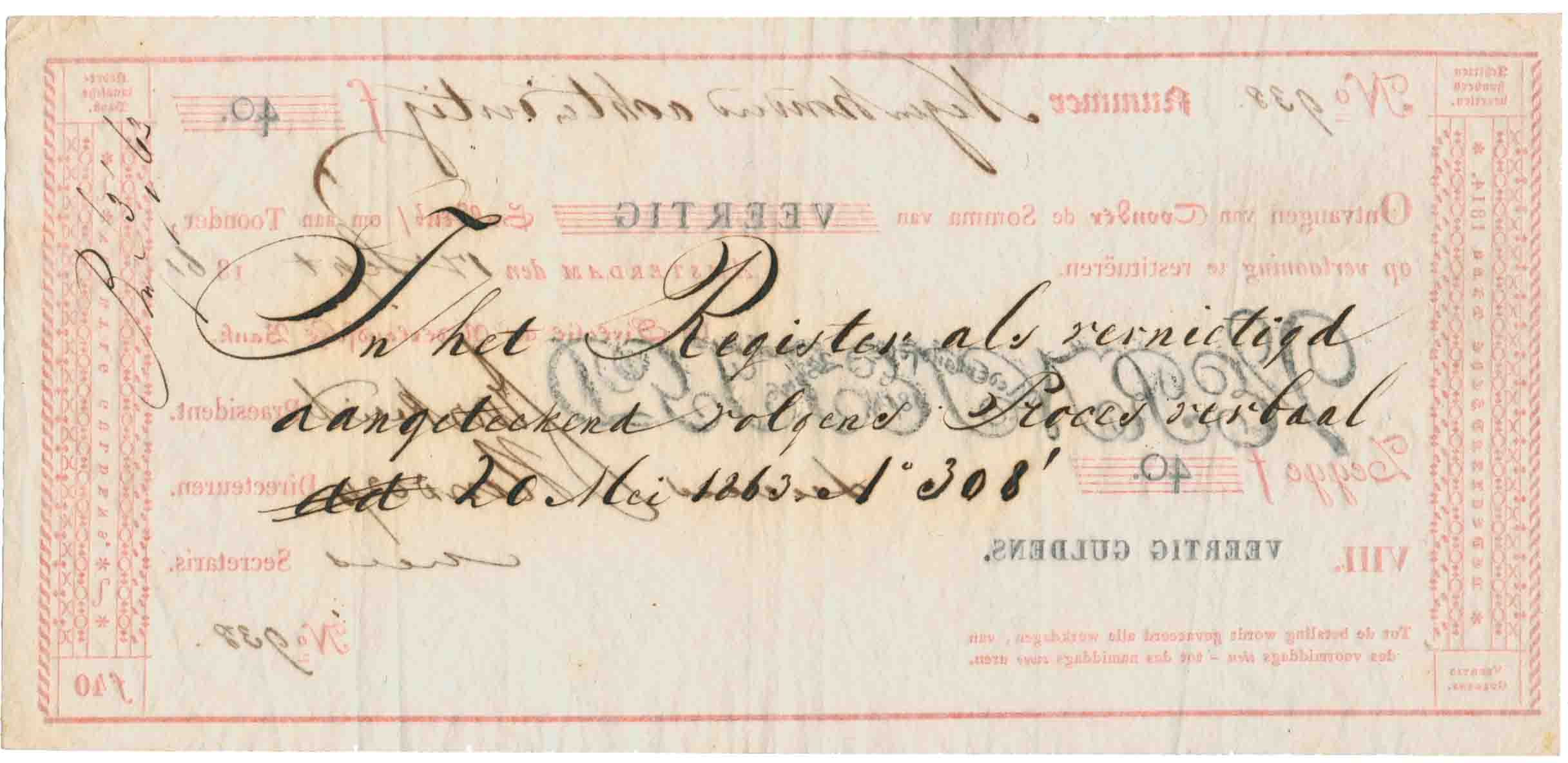 Afbeelding van de keerzijde. veertig gulden. Inventarisnummer:1994-5184