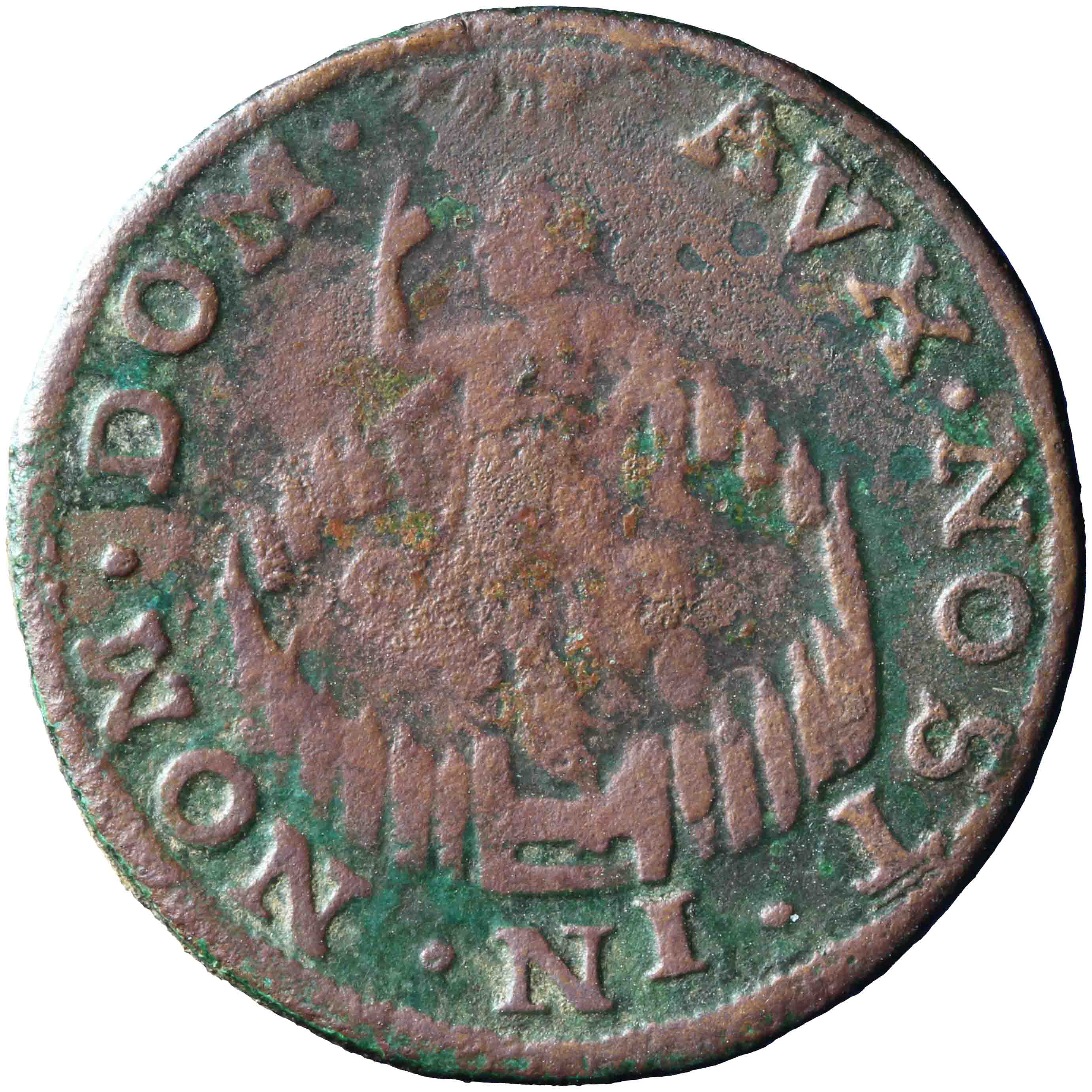 Afbeelding van de voorzijde. oord of kwart stuiver. Inventarisnummer:AP-03932
