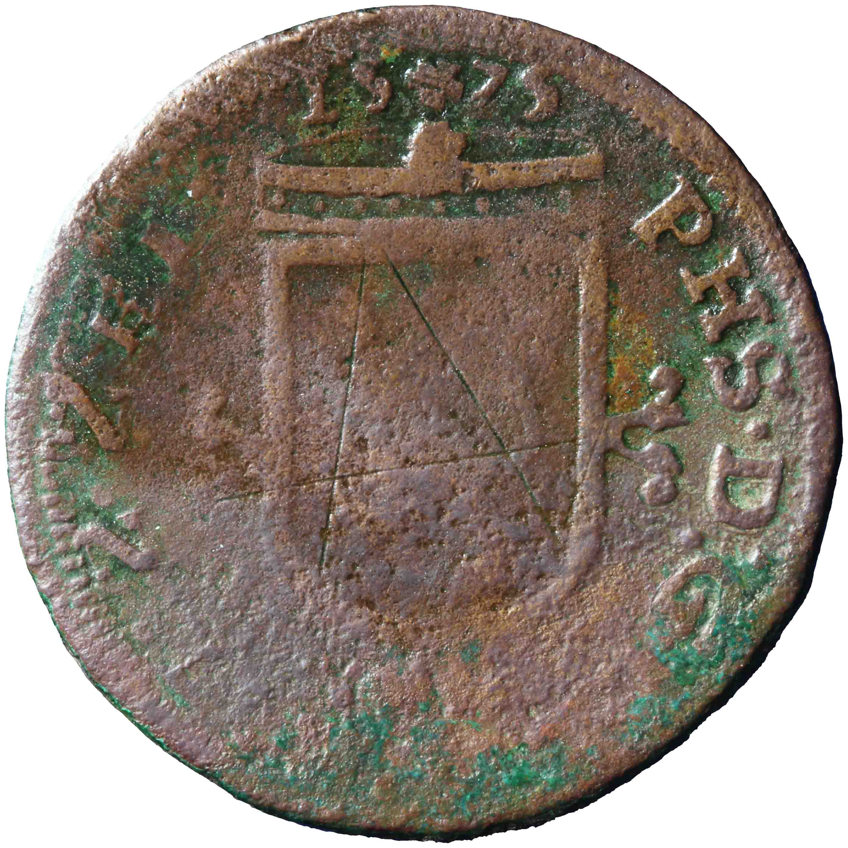 Afbeelding van de keerzijde. oord of kwart stuiver. Inventarisnummer:AP-03932