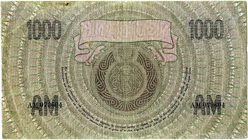 Afbeelding van de keerzijde. duizend gulden. Inventarisnummer:DNB-03328