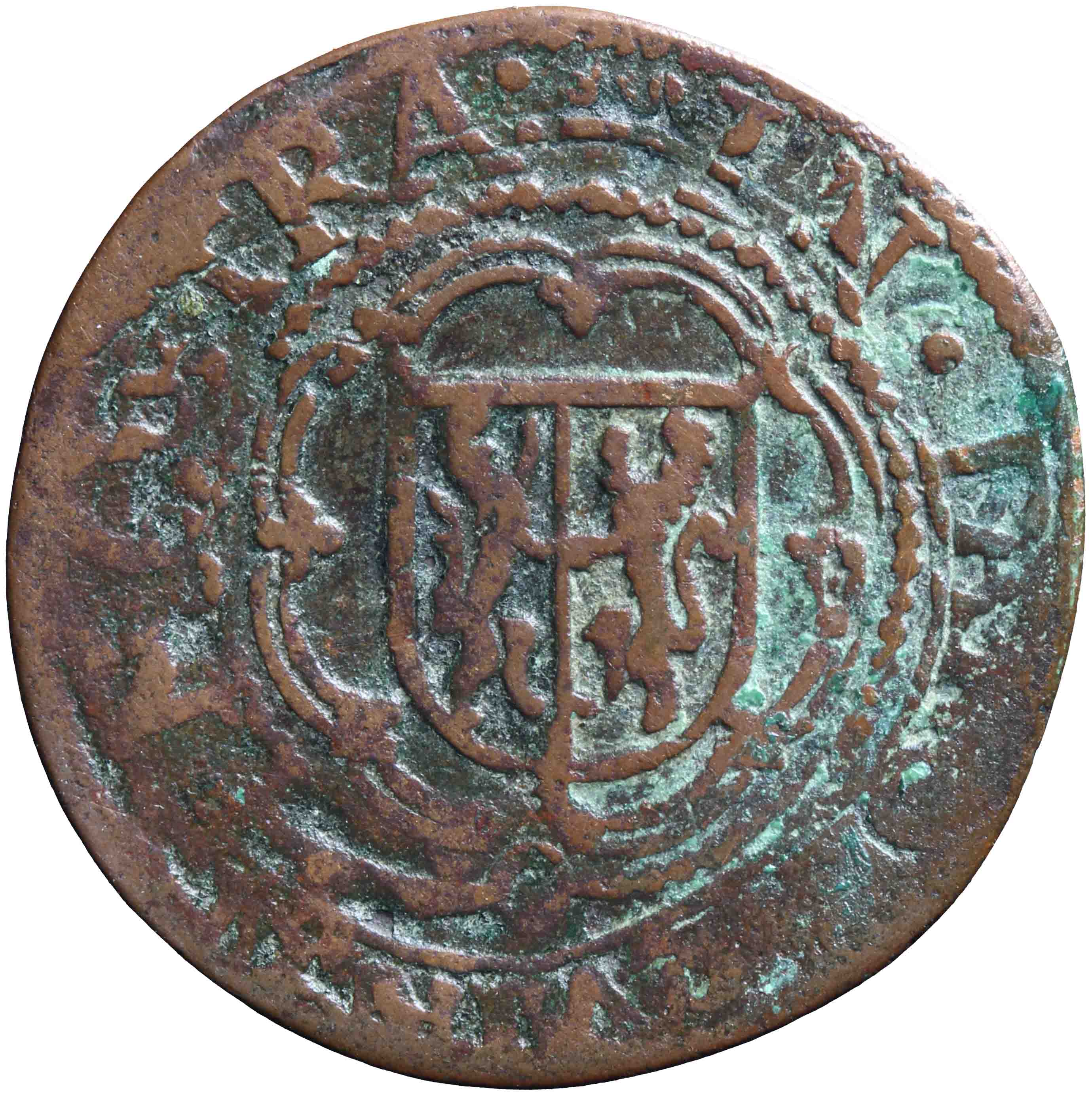 Afbeelding van de voorzijde. achtste stuiver of duit. Inventarisnummer:DNB-04489