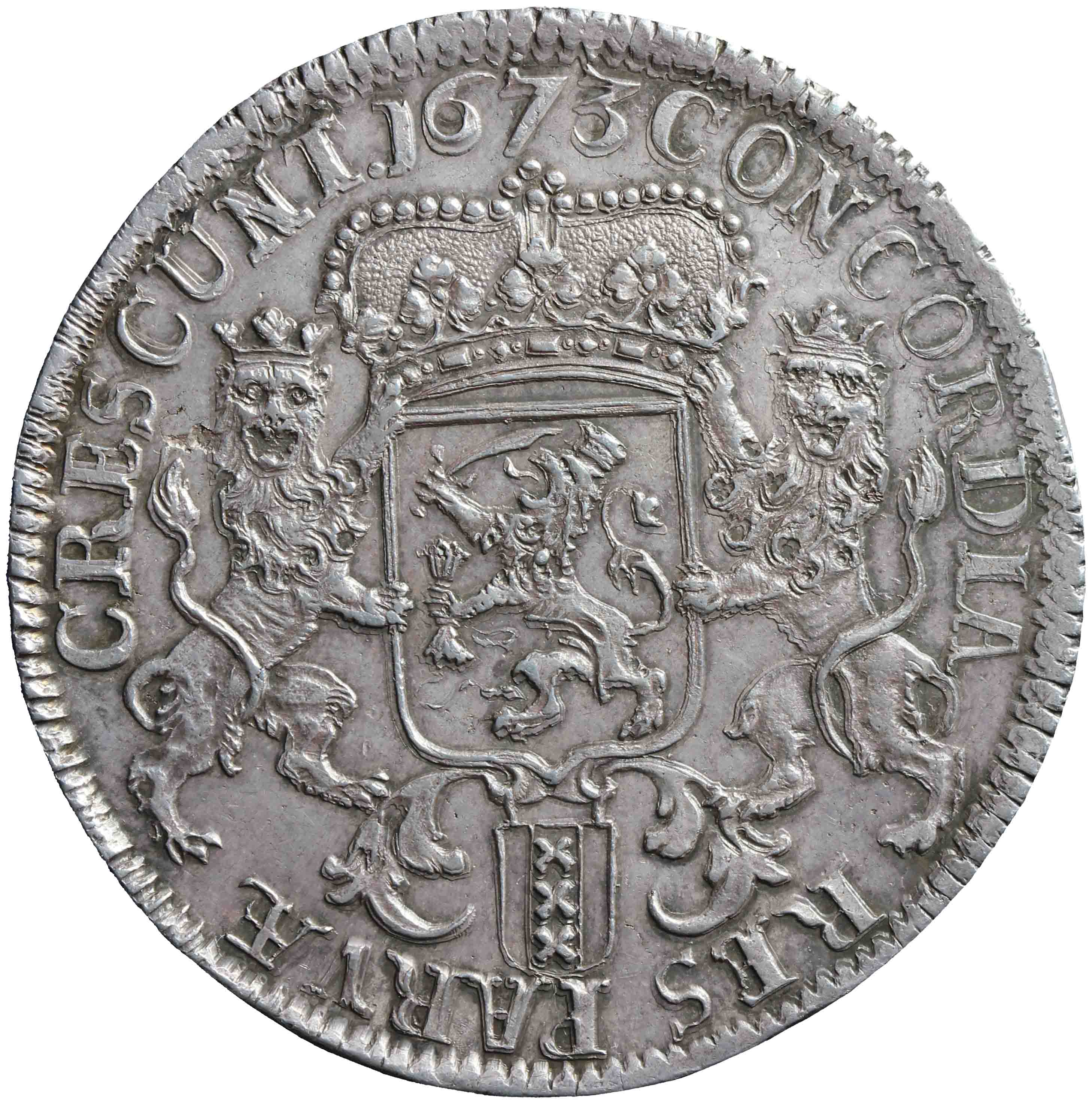 Afbeelding van de keerzijde. zilveren rijder of dukaton. Inventarisnummer:DNB-04863