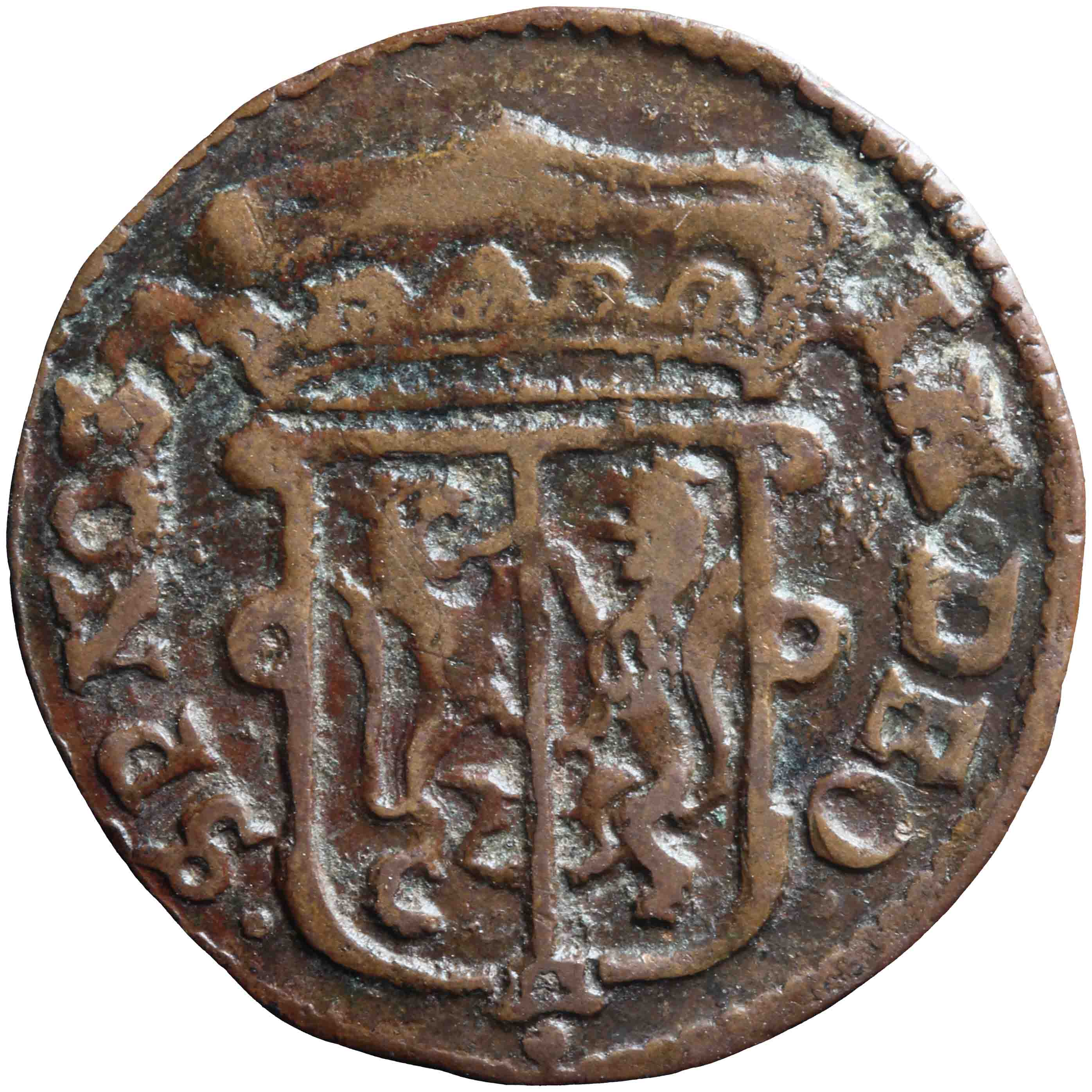 Afbeelding van de voorzijde. achtste stuiver of duit. Inventarisnummer:DNB-05181