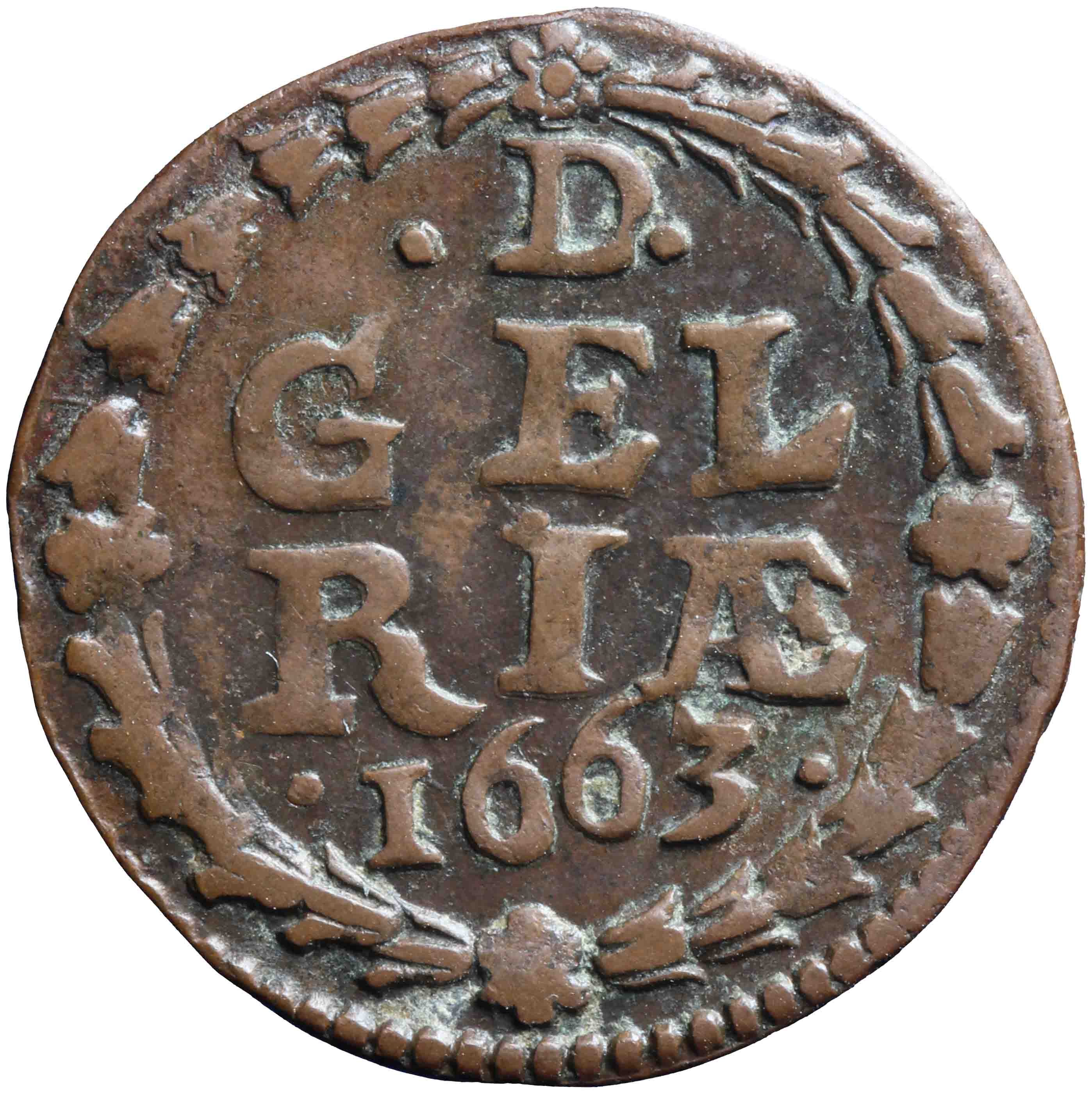 Afbeelding van de keerzijde. achtste stuiver of duit. Inventarisnummer:DNB-05181