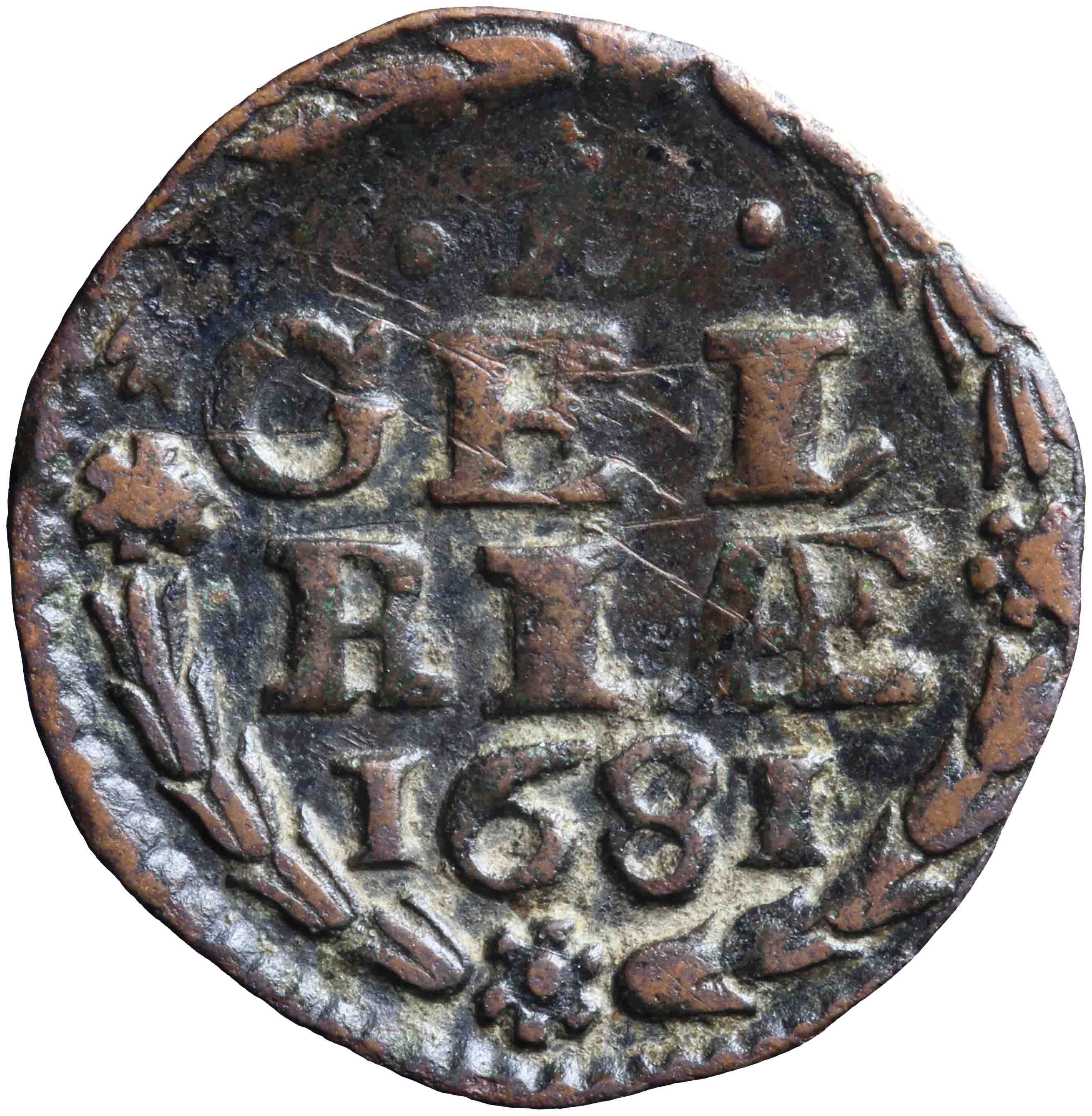 Afbeelding van de keerzijde. achtste stuiver of duit. Inventarisnummer:DNB-05184