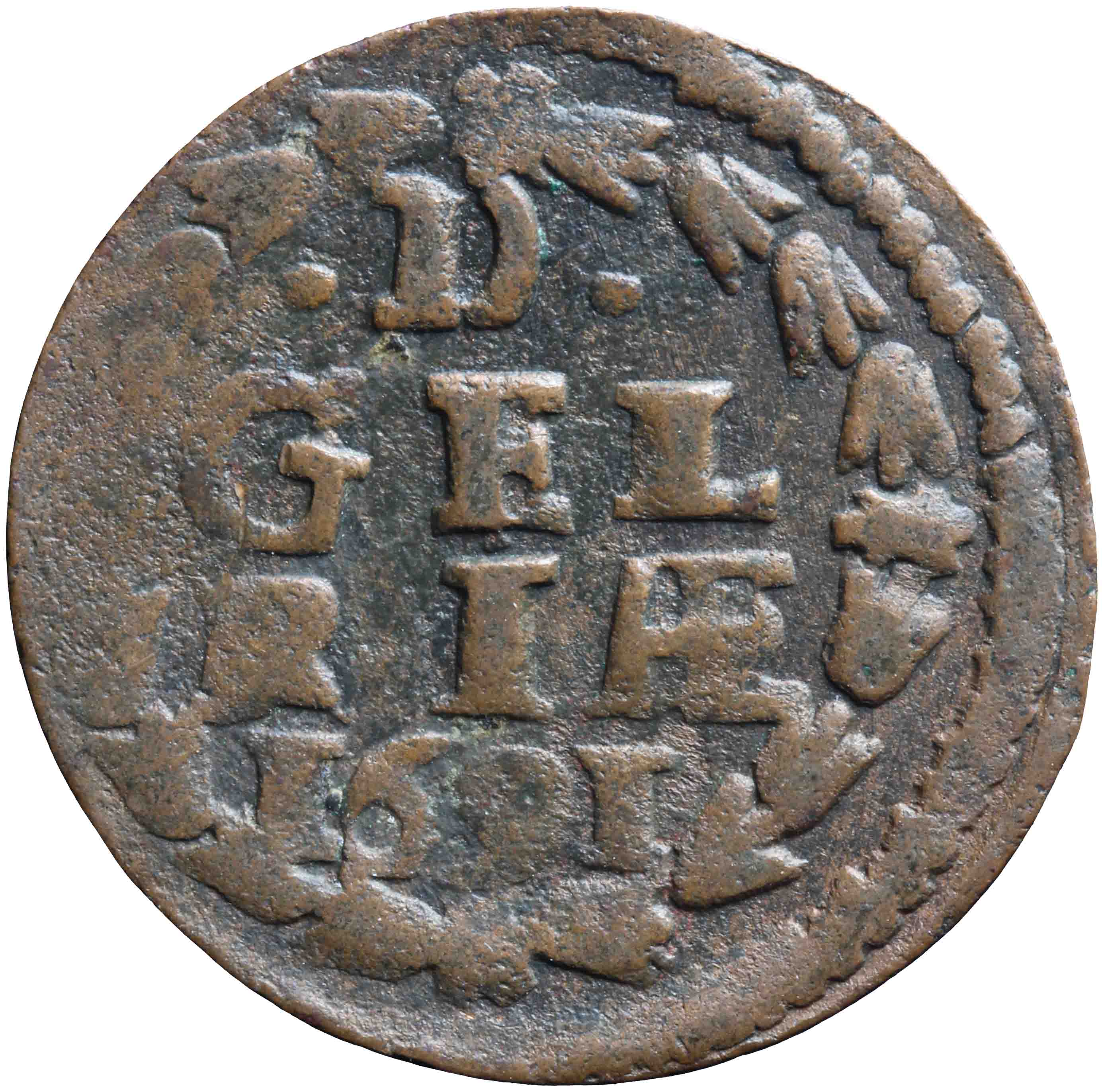 Afbeelding van de keerzijde. achtste stuiver of duit. Inventarisnummer:DNB-05186