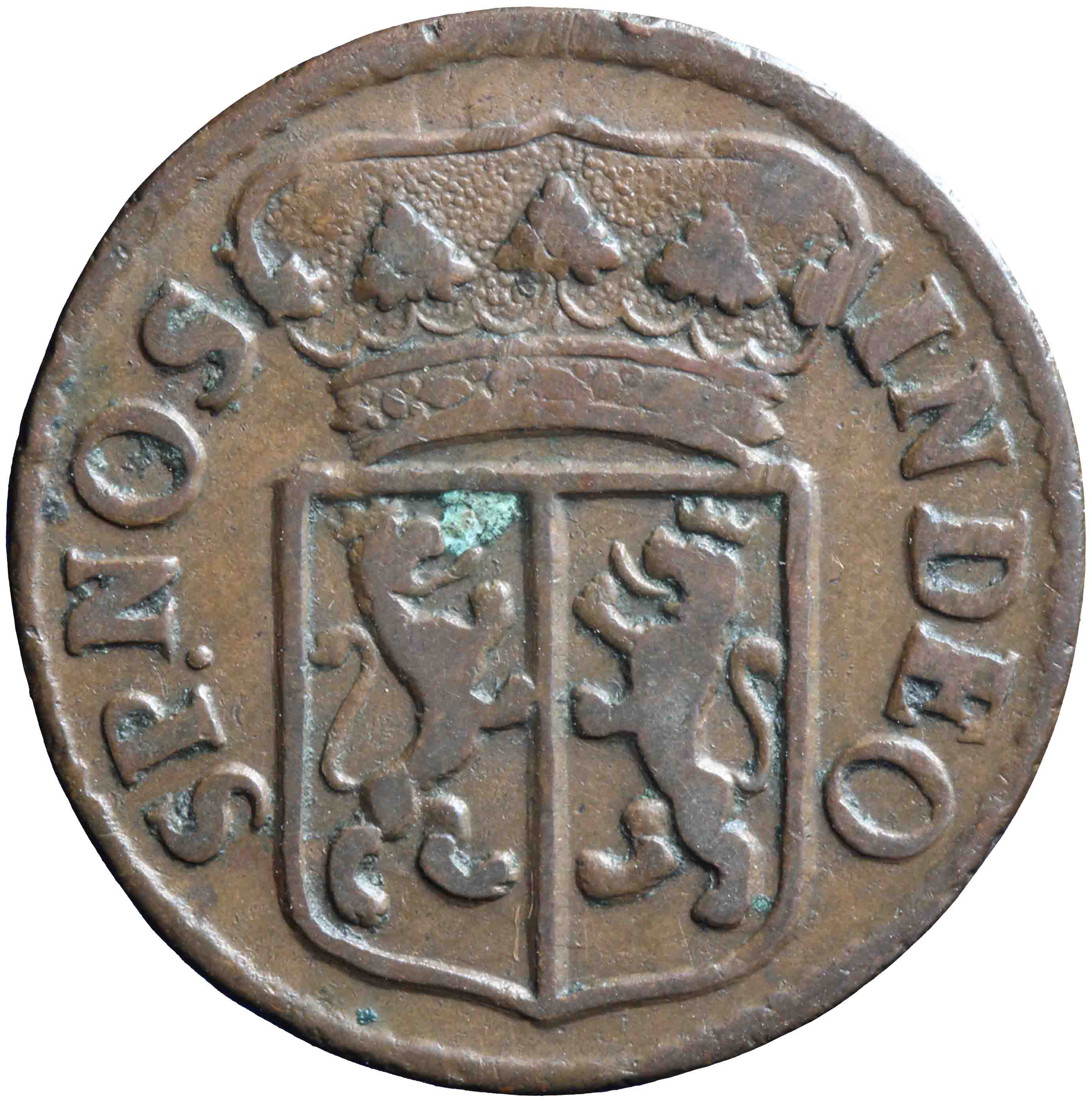 Afbeelding van de voorzijde. duit. Inventarisnummer:DNB-05195