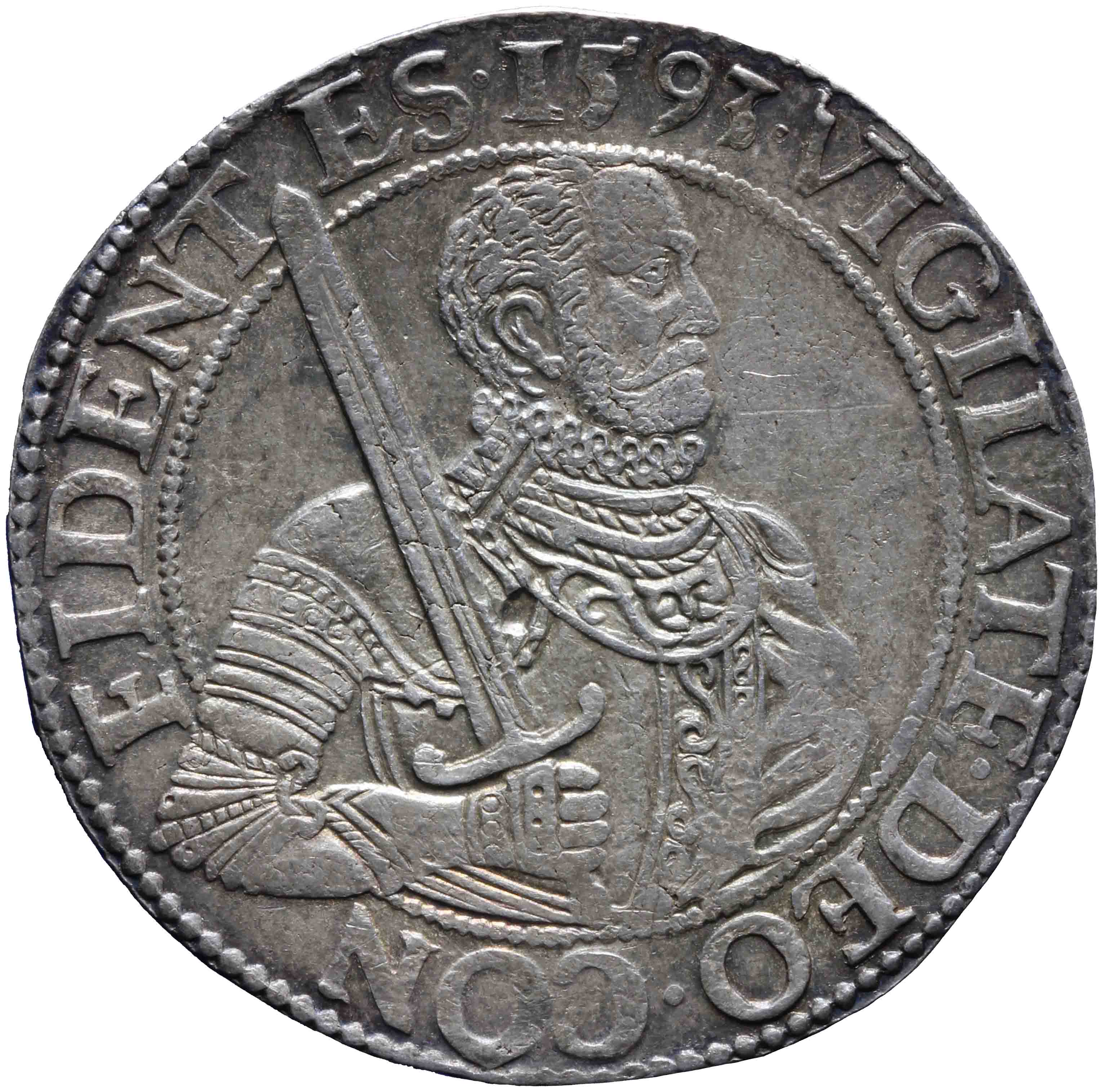 Afbeelding van de voorzijde. Gelderse of gehelmde rijksdaalder of prinsendaalder. Inventarisnummer:DNB-05291