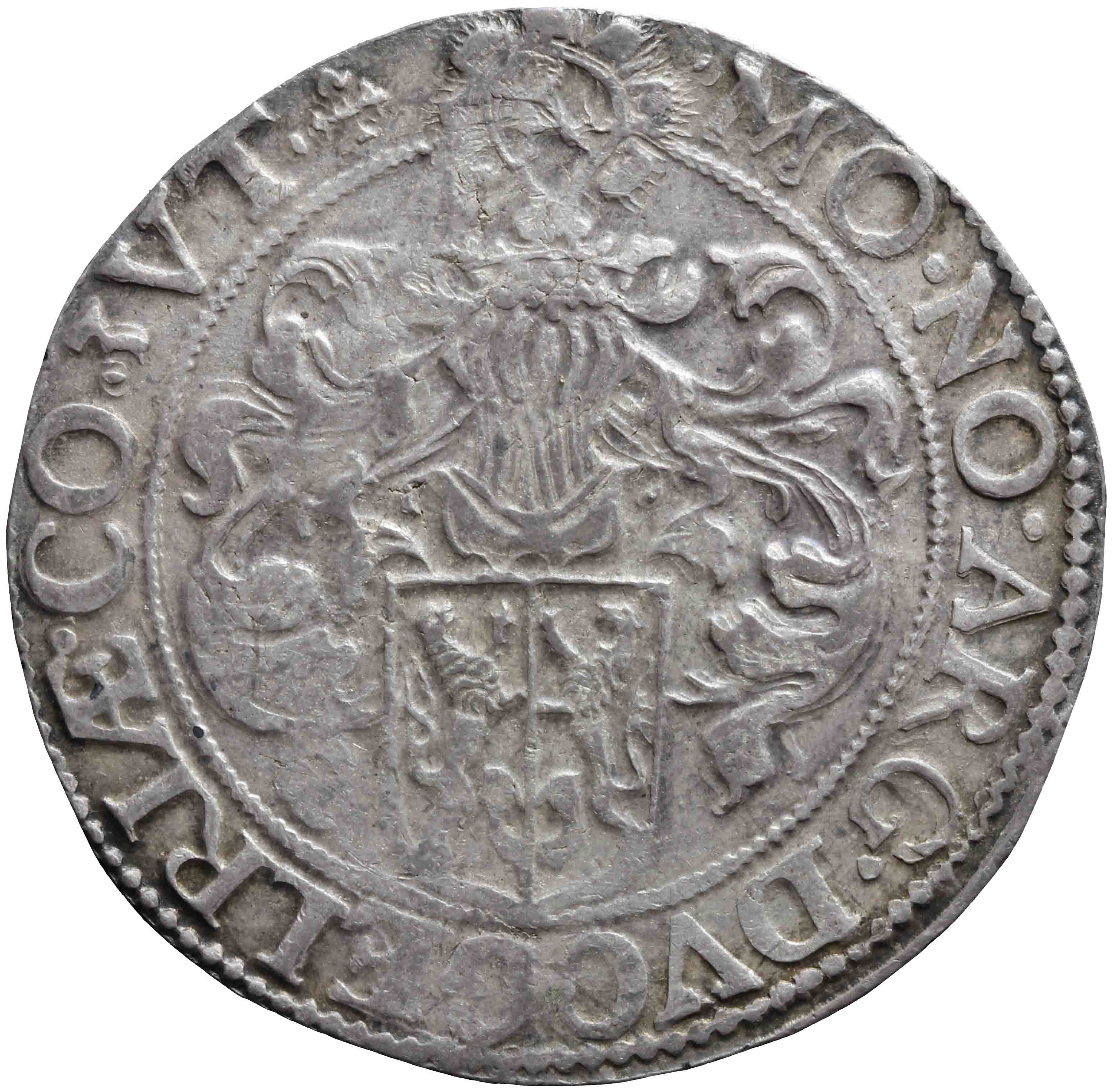 Afbeelding van de keerzijde. Gelderse of gehelmde rijksdaalder of prinsendaalder. Inventarisnummer:DNB-05291