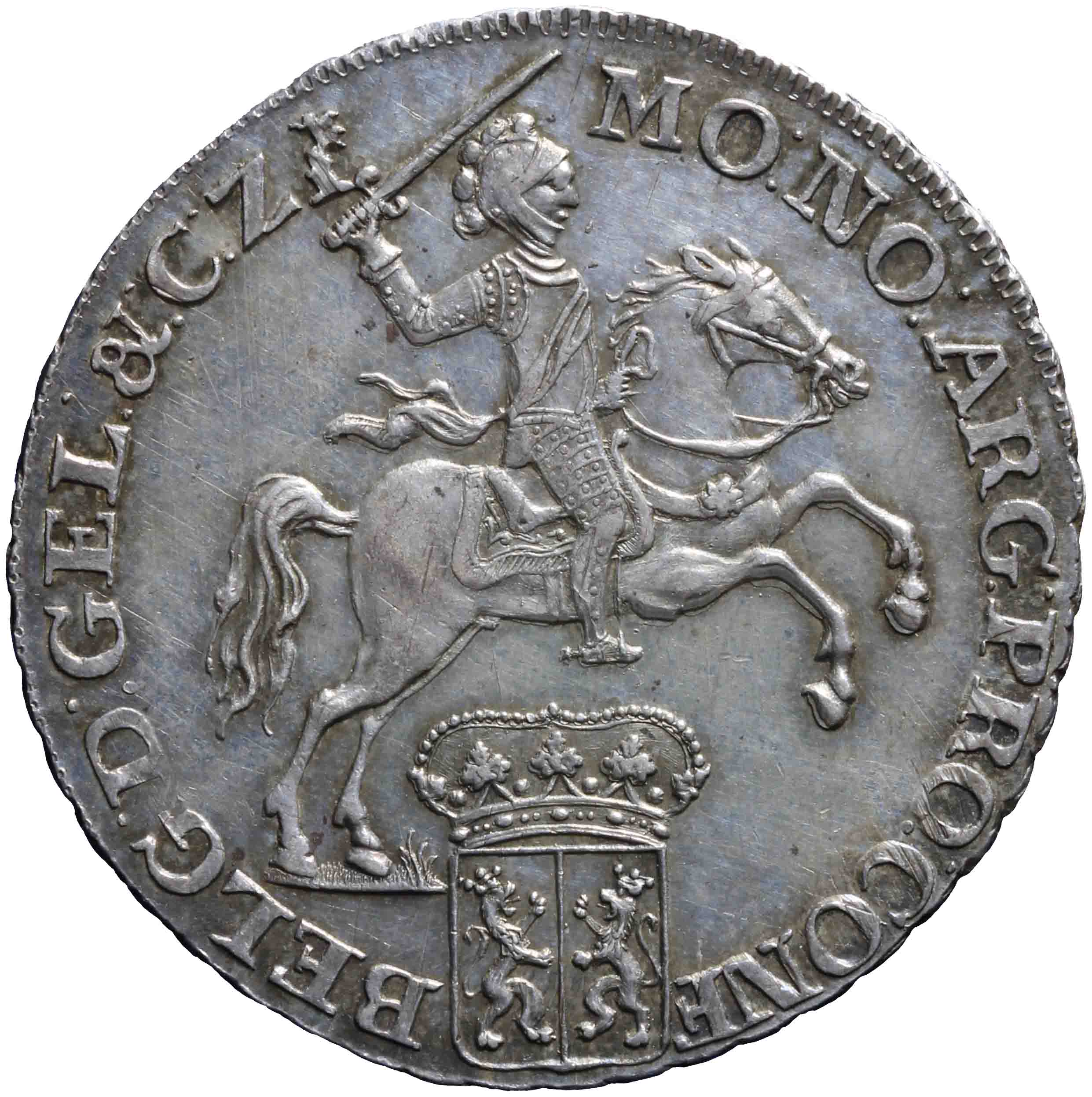 Afbeelding van de voorzijde. halve zilveren rijder of halve dukaton. Inventarisnummer:DNB-05364