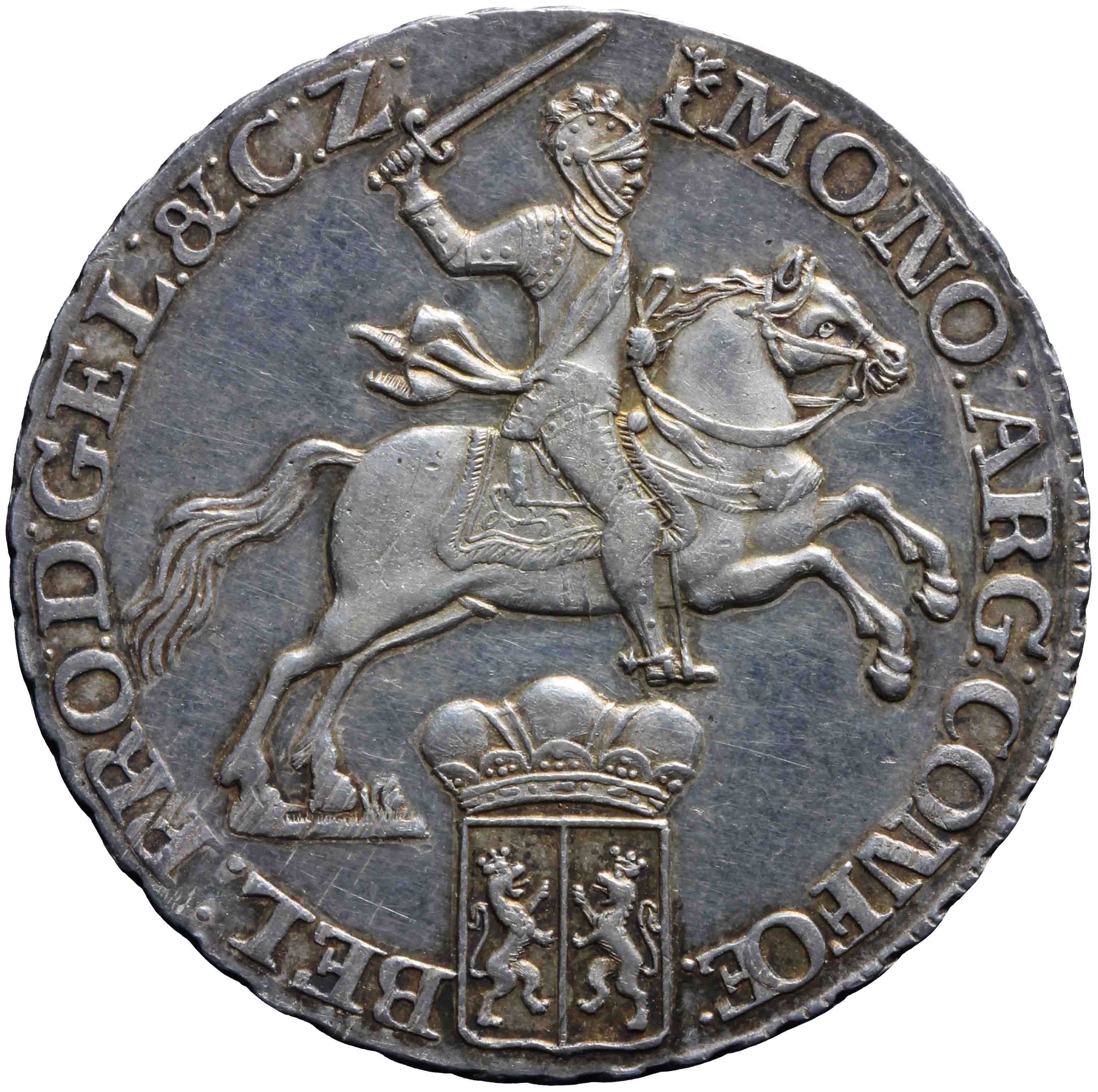 Afbeelding van de voorzijde. halve zilveren rijder of halve dukaton. Inventarisnummer:DNB-05365