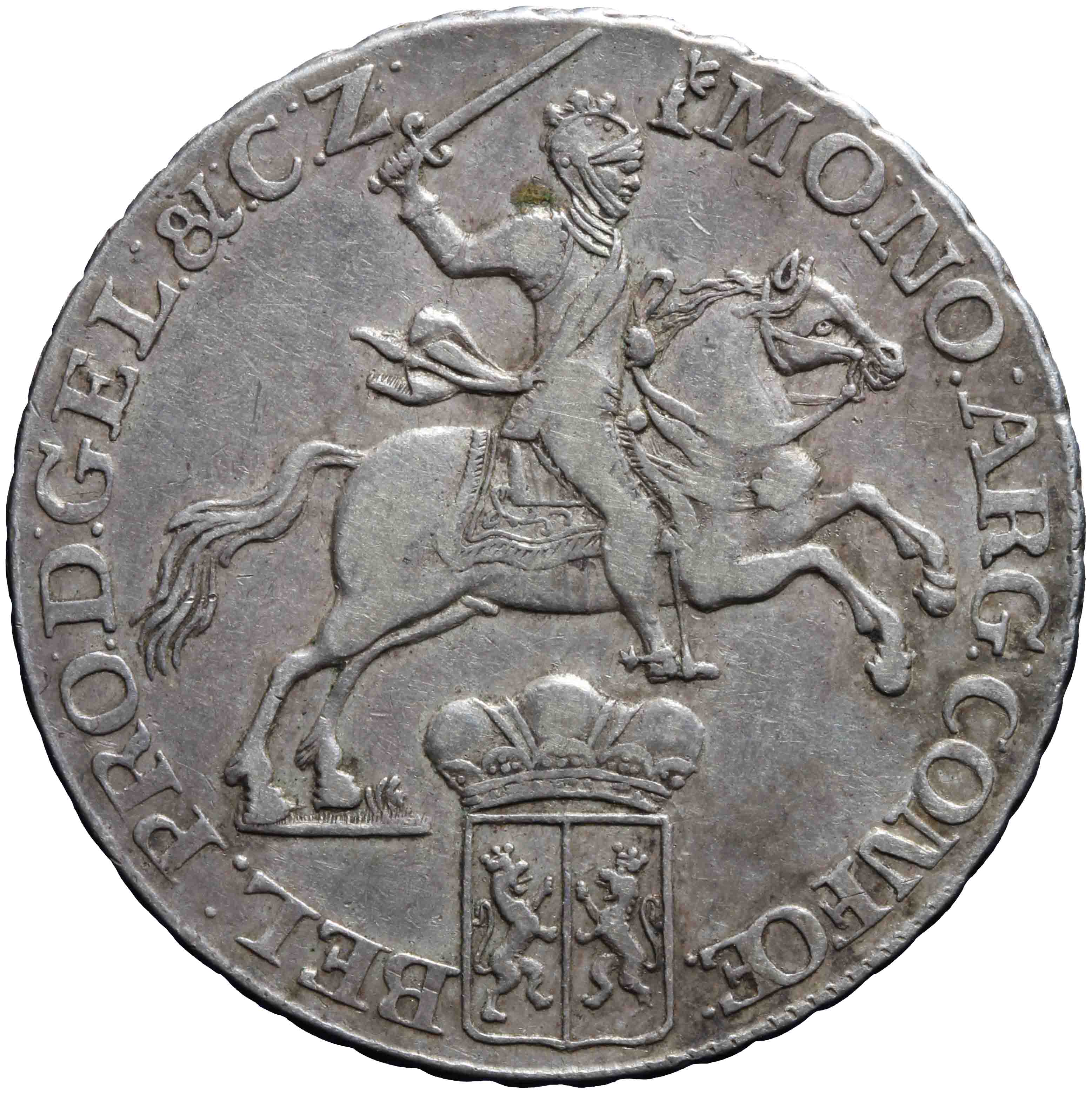 Afbeelding van de voorzijde. halve zilveren rijder of halve dukaton. Inventarisnummer:DNB-05366